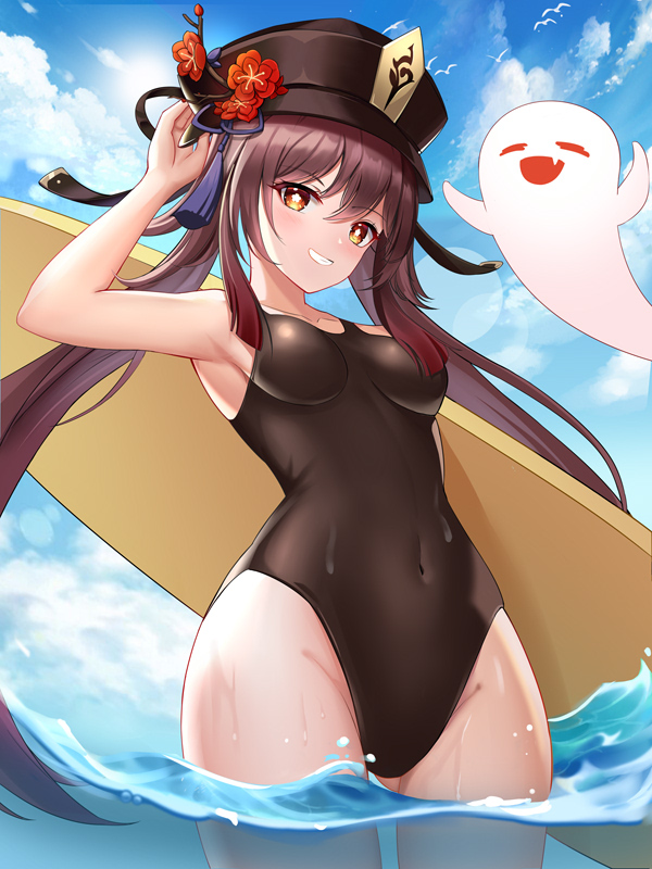 1girls, arm up, armpits, ass, ass cheeks, ass visible through thighs, bangs, belly button, blush, breasts, brown hair, brunette, cloud, collarbone, detailed background, female, genshin impact, ghost, hair between eyes, hat, hips, hu tao (genshin impact), in water, kenpong, long hair, looking at viewer, midriff, one-piece swimsuit, pigtails, sky, slim waist, small breasts, small waist, smile, solo, standing, standing in water, sun, sunlight, surfboard, swimsuit, thick, thick thighs, thighs, twintails, waist, water, wet, wet body, wet clothes, wet thighs, wide hips