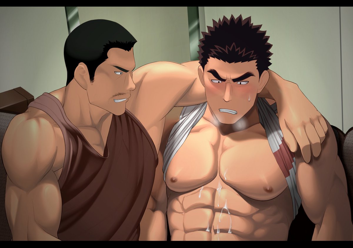 2boys abs akihiro_altland arm_around_shoulder bara bare_pectorals blush breath character_request clothes_lift cum cum_on_body cum_on_boy cum_on_pectorals facial_hair frown gundam implied_masturbation large_pectorals looking_at_another male male_focus male_only mature_male moustache multiple_boys muscular muscular_male nipples out-of-frame_censoring pectoral_cleavage pectorals shirt_behind_neck shirt_lift shirt_pulled_behind_neck short_hair sideburns sidepec stomach sweat sweatdrop takejirog tank_top white_tank_top yaoi