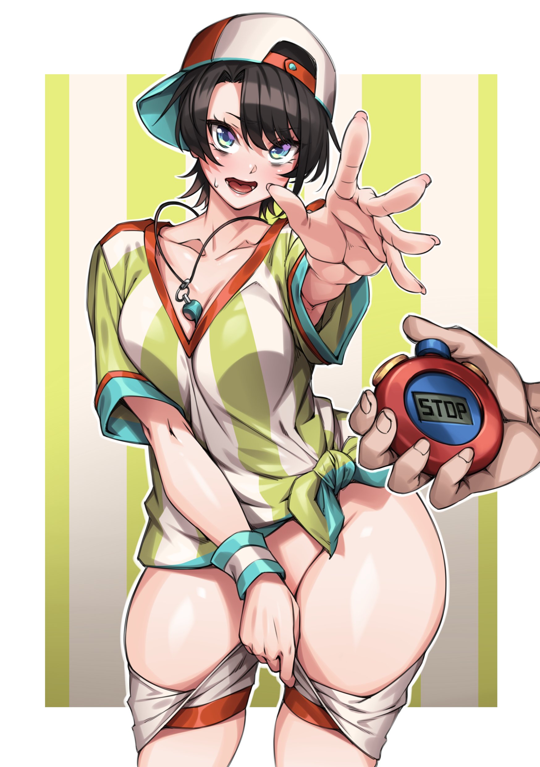 absurdres, backwards hat, blue eyes, breasts, brown hair, clothes pull, collarbone, covering, covering crotch, disembodied limb, female, fingernails, hat, highres, hololive, hololive gen 2, hololive japan, jersey, looking at viewer, medium breasts, naidong, no panties, oozora subaru, open mouth, short hair, shorts, shorts pull, solo, stopwatch, streetwear, sweatdrop, thick thighs, thighs, tomboy, virtual youtuber, watch, whistle, yin-ting tian