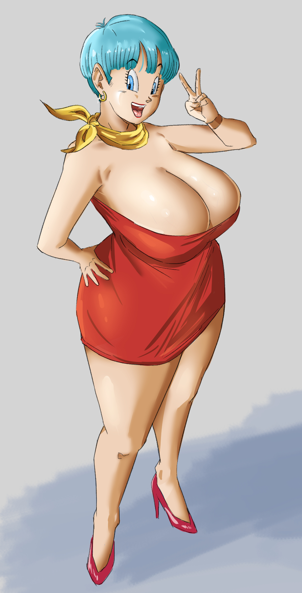 1girls big_breasts blue_hair breasts bulma_briefs cleavage dragon_ball dragon_ball_z dress female female_only huge_breasts large_breasts lipstick mature_female milf open_mouth panarandom red_dress short_hair smile solo standing thick_thighs thighs voluptuous wide_hips