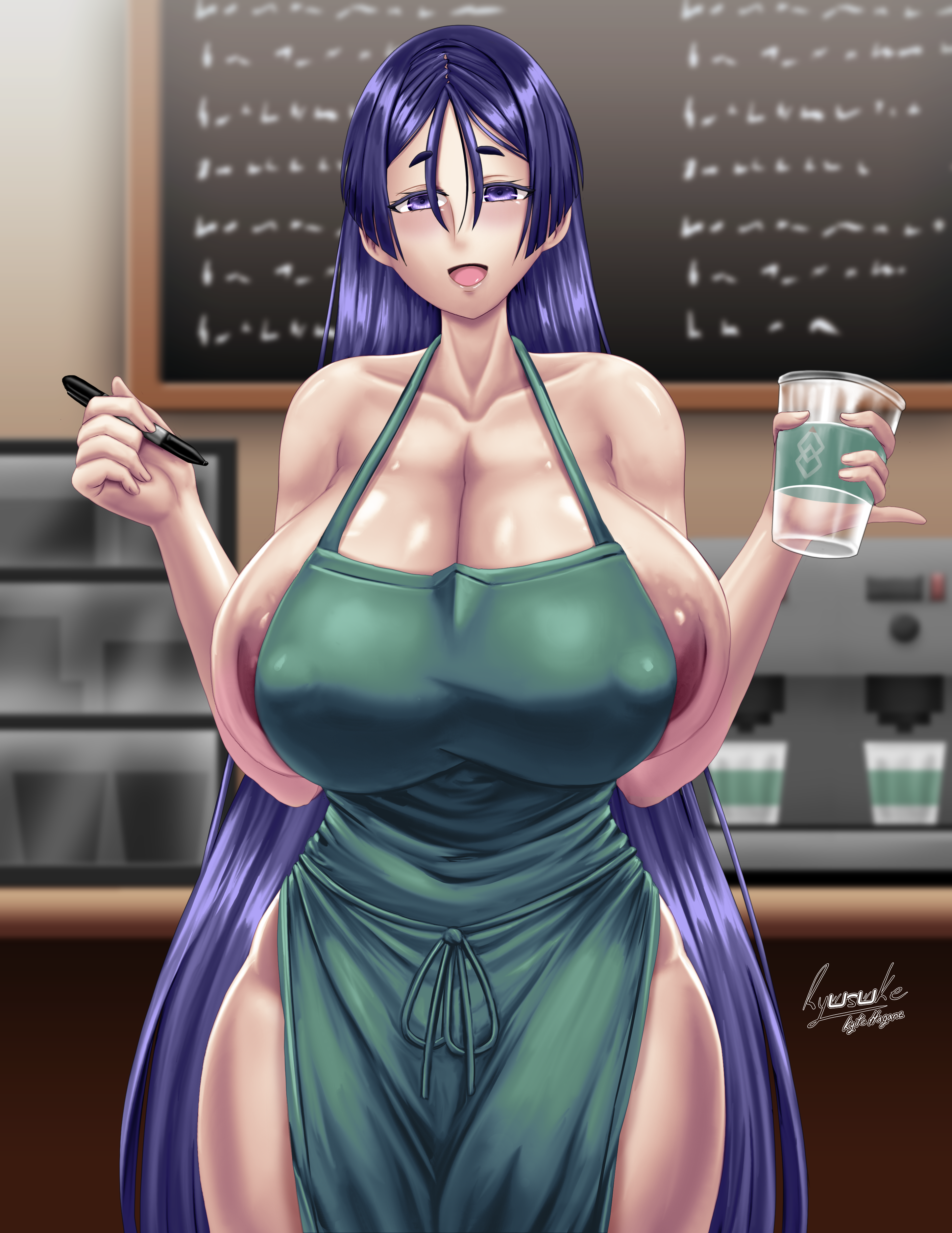 1girls, alternate version at source, apron, apron only, breasts, dark nipples, enormous breasts, fate (series), fate/grand order, female, female only, gigantic breasts, huge breasts, iced latte with breast milk, large areolae, light skin, light-skinned female, meme, minamoto no raikou (fate/grand order), purple hair, ryusuke kh (ryusuke kyte hagane), solo