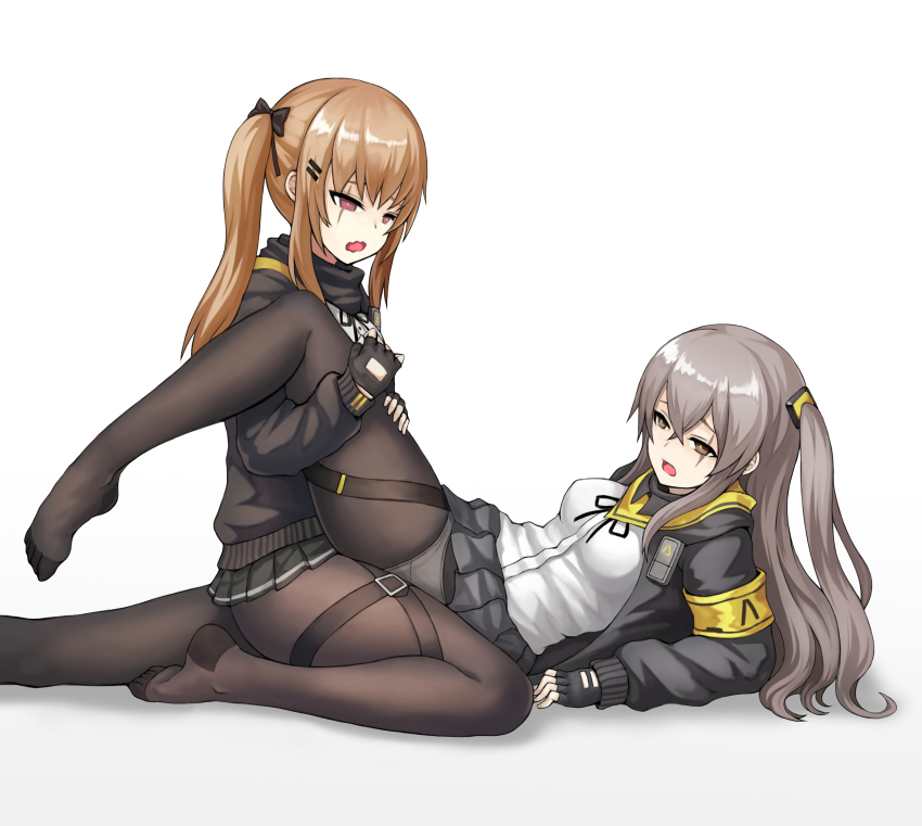 2girls bangs black_gloves black_skirt bow clothed clothing crossed_bangs eye_scar female_only fingerless_gloves fully_clothed girls'_frontline gloves grey_hair hair_ornament hairclips hazel_hair holding_leg incest jacket leg_grab multiple_girls open_mouth poorgom purple_eyes scar scar_across_eye siblings side_ponytail simple_background sister sisters skirt tribadism tribadism_through_clothing twincest twins ump45_(girls'_frontline) ump9_(girls'_frontline) wavy_mouth white_background yuri