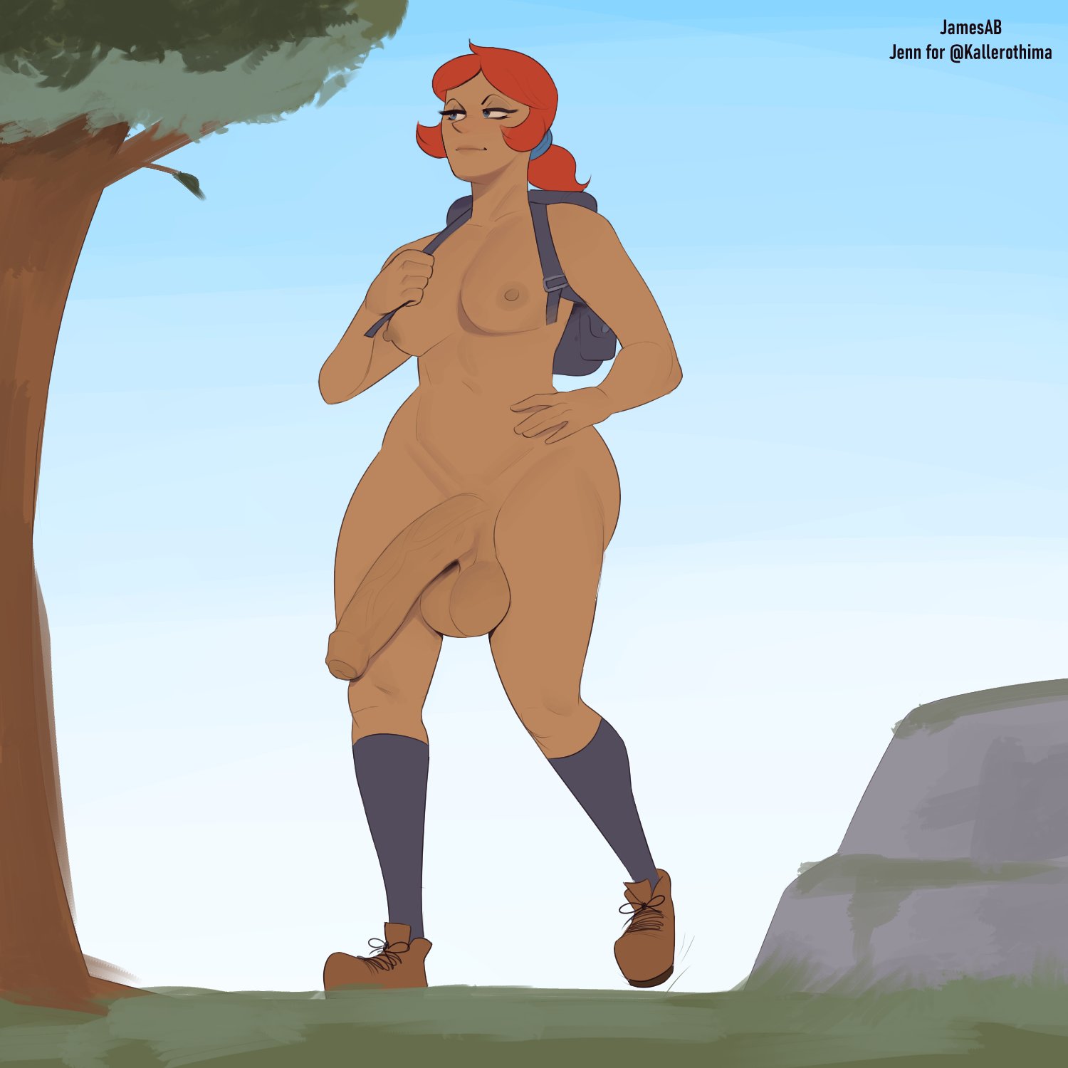 1futa, areola, backpack, bag, balls, big balls, big breasts, big penis, blue eyes, breasts, casual, dangling balls, dangling testicles, dark skin, dark-skinned futa, erection, footwear, foreskin, futa only, futanari, hand on hip, hips, human, intersex, jamesab, nipples, nude, orange hair, penis, perky breasts, ponytail, public, puffy areola, red hair, solo, solo futa, standing, tan skin, tan-skinned futa, testicles, thick thighs, thighs, uncircumcised, veiny penis, wide hips