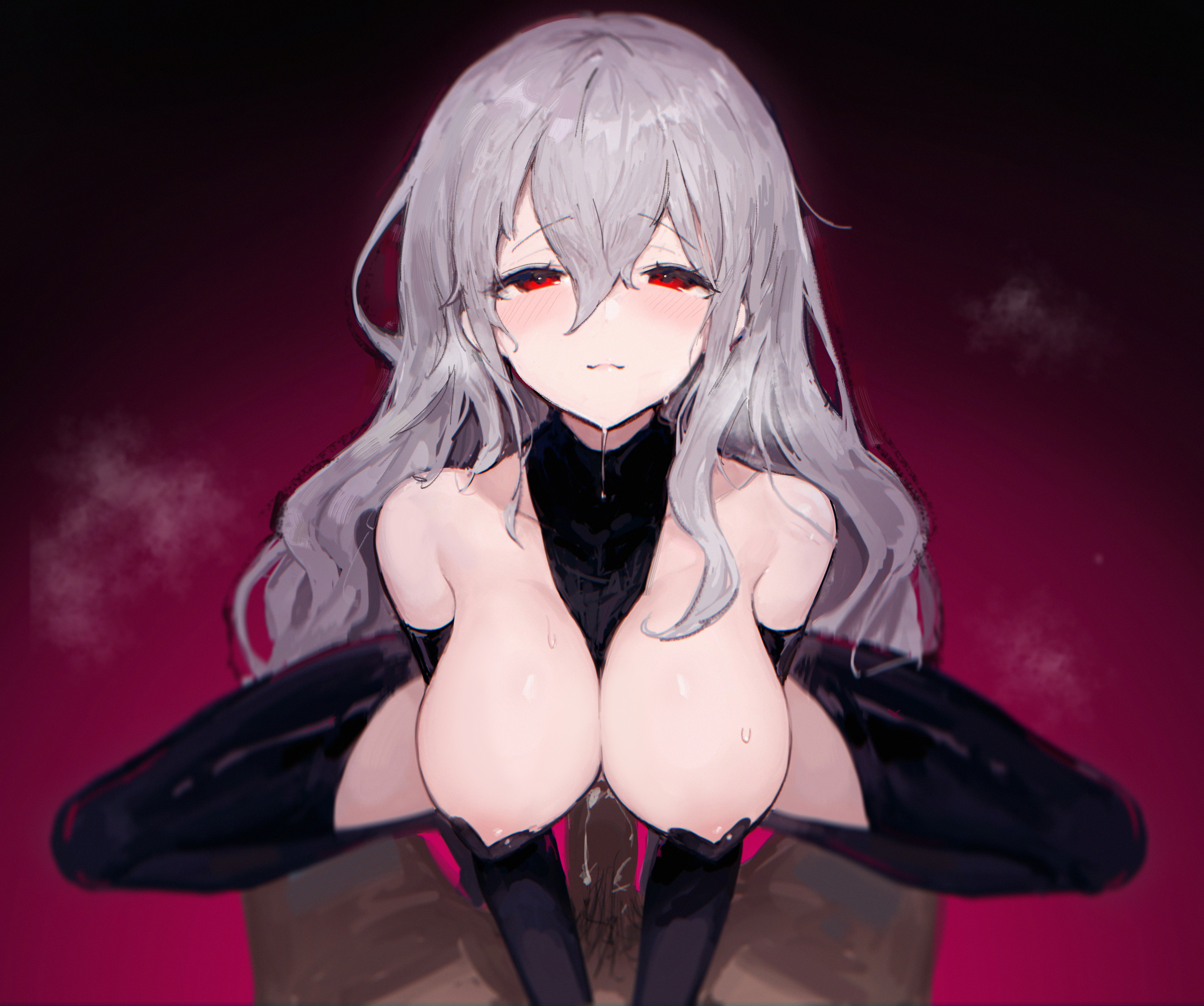 1boy, 1girls, areola slip, arknights, black heart pasties, black legwear, black pasties, blush, breasts, cleavage, cowgirl position, cum, dark skin, dark-skinned male, eyebrows visible through hair, female, grey hair, half-closed eyes, heart pasties, hetero, interracial, large breasts, lazydoverua (怠惰老鸽), light skin, light-skinned female, male, pasties, penetration, pov, pubic hair, red eyes, sex, skadi (arknights)