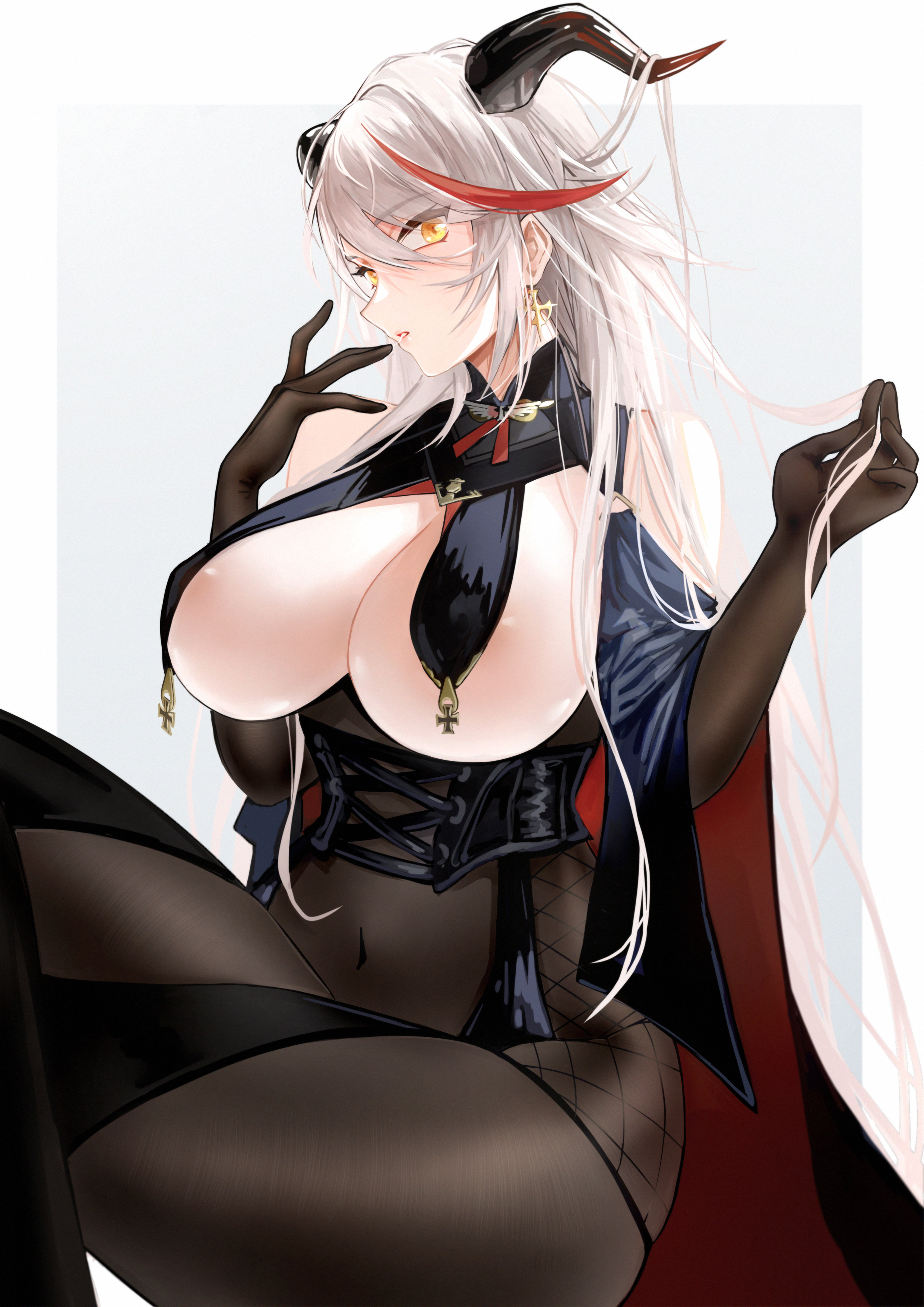 absurdly long hair, absurdres, aegir (azur lane), areola slip, areolae, azur lane, bare shoulders, black cape, black gloves, black legwear, bodystocking, breast curtains, breasts, breasts out, cape, cl (summer sama), covered navel, cross, cross earrings, cross-laced clothes, crossed legs, demon horns, earrings, female, from side, gloves, grey background, hair on horn, highres, horns, huge breasts, impossible clothes, iron cross, jewelry, long hair, multicolored hair, red hair, saliva, saliva trail, simple background, solo, streaked hair, two-tone hair, underbust, very long hair, white hair, yellow eyes