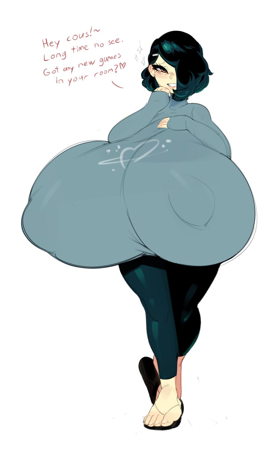 1boy, big breasts, blush, breasts, brown eyes, bulumble-bee, busty male, feet, gigantic breasts, green hair, hair covering eye, hair over one eye, huge breasts, hyper breasts, looking at viewer, male, male with breasts, massive breasts, natsuki (bulumble-bee), nipple bulge, sandals, short hair, simple background, size fetish, smiling, sweater, text, top heavy, white background