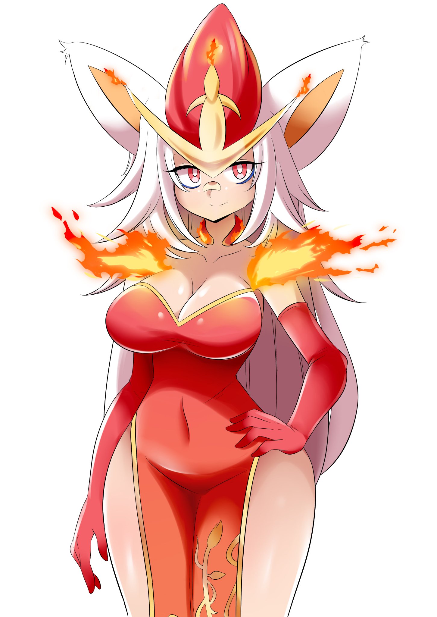 anthro, big breasts, breasts, cinderace, female, game freak, humanized, lucyfercomic, nintendo, pokemon, solo, solo female, tagme, thick thighs, white background