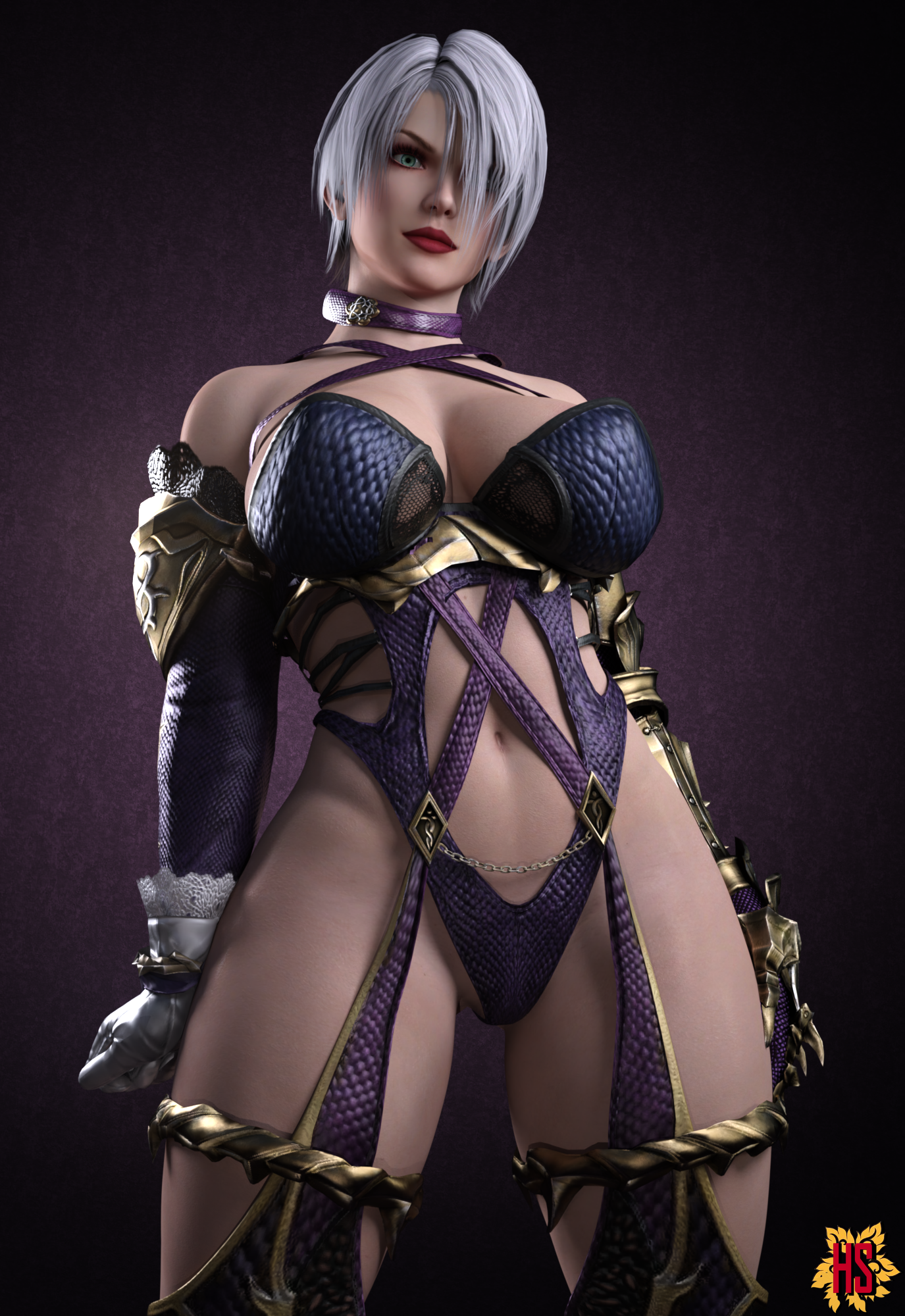 1girls, 3d, breasts, clothed, curvy, curvy female, female, female only, hagiwara studio, hourglass figure, huge breasts, isabella valentine, short hair, skimpy, solo, soul calibur, tagme, white hair