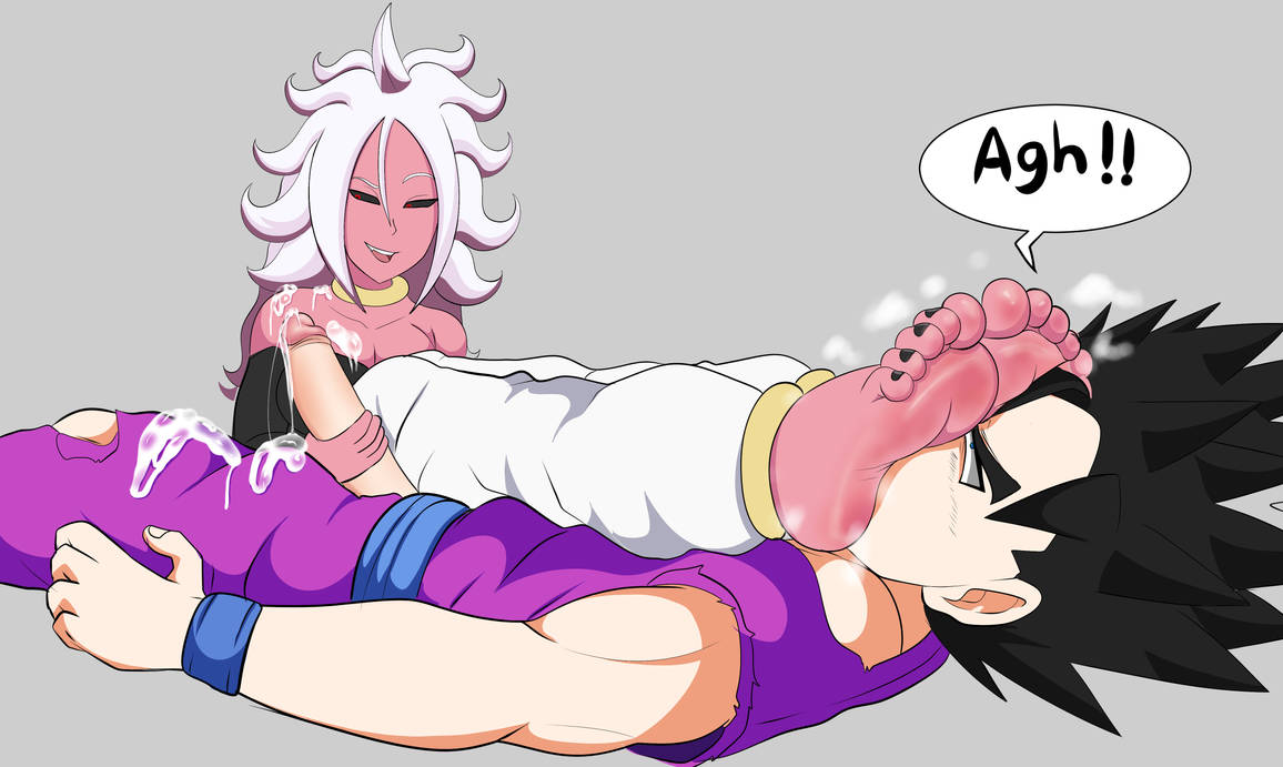 1boy 1girls android_21 defeated dragon_ball feet_on_face_handjob female femdom foot_fetish foot_focus foot_lick foot_worship handjob handjob_with_feet_on_face majin_android_21 male penis sharkyc son_gohan