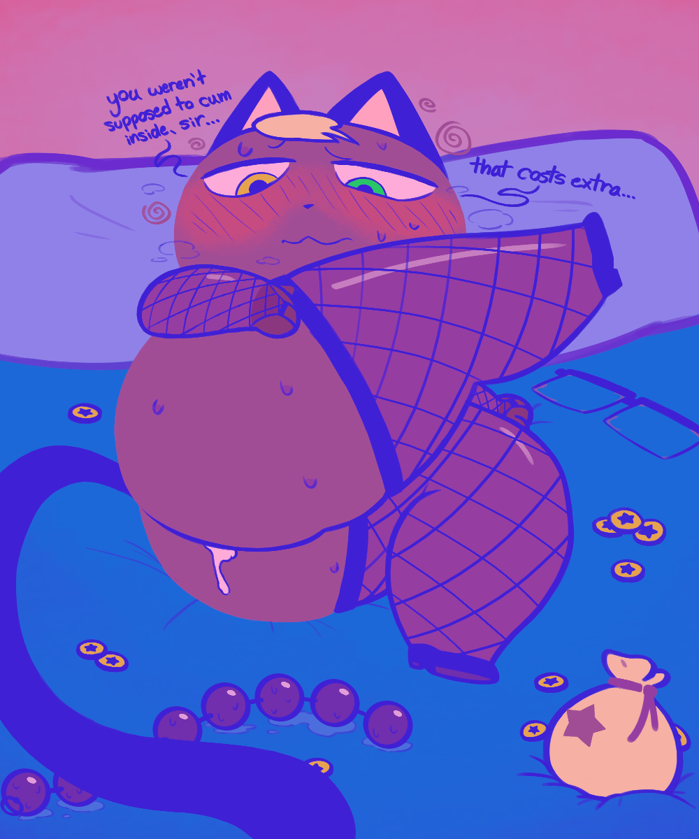 after_anal after_sex alternate_color anal_beads animal_crossing anthro armwear ass bed bells_(animal_crossing) big_butt blonde_hair blue_ears blue_tail blush bodily_fluids breath chubby_male clothing colorful cum cum_in_ass cum_inside dialogue domestic_cat english_text eyewear felid feline felis fishnet fishnet_armwear fishnet_legwear fur furniture furry furry_only genital_fluids glasses green_eyes hair heterochromia hi_res high_heels leaking_cum legwear long_tail lube lube_on_sex_toy lying male male_only mammal money money_bag nintendo orange_eyes pillow pink_body pink_fur prostitution raised_leg raymond_(animal_crossing) sex_toy slightly_chubby solo spiral stockings sweat text thick_thighs video_games wide_hips zlut385