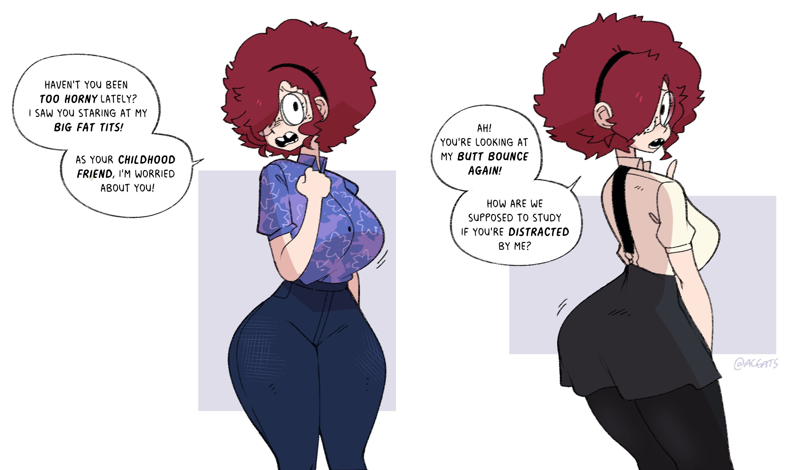 1girls, ass, bouncing, bouncing ass, bouncing breasts, breasts, button down shirt, childhood friend, childhood friend (gats), clothed, collared shirt, embarrassed, female, freckles, gats, glasses, headband, high waisted pants, jeans, leggings, looking at viewer, looking back, original, original character, red hair, shirt, skirt, suspenders, teeth, teeth gap, text, thick thighs, thighs, tight clothing, wide hips