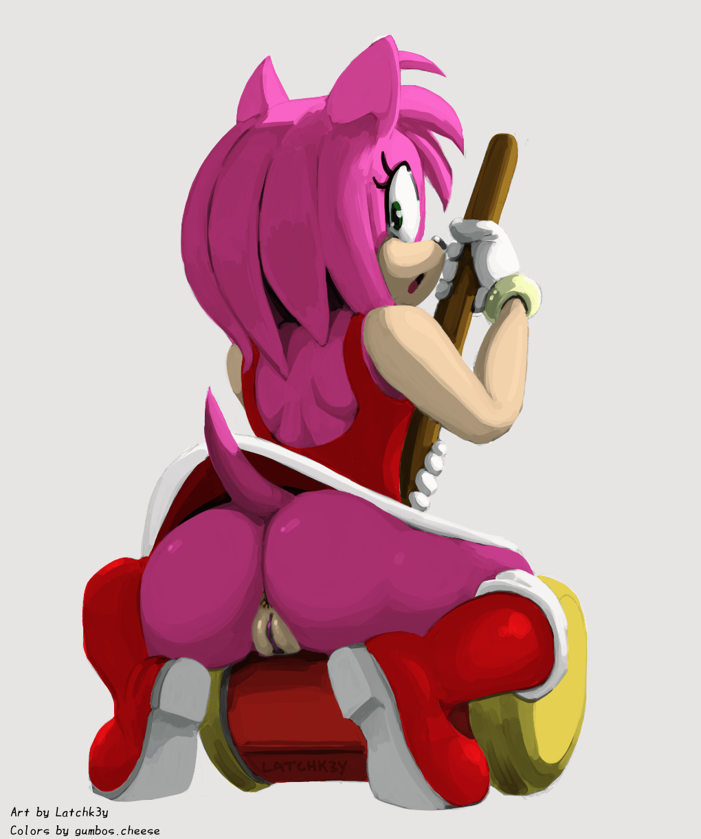 1girls amy_rose ass boots bottomless bubble_butt female female_focus female_only footwear fur furry furry_only green_eyes hammer handwear hedgehog hi_res latchk3y looking_at_viewer looking_back no_panties no_underwear partially_clothed pink_fur pink_hair pink_skin presenting presenting_anus presenting_hindquarters presenting_pussy pussy sega solo solo_female solo_focus sonic_(series) tail topwear upskirt