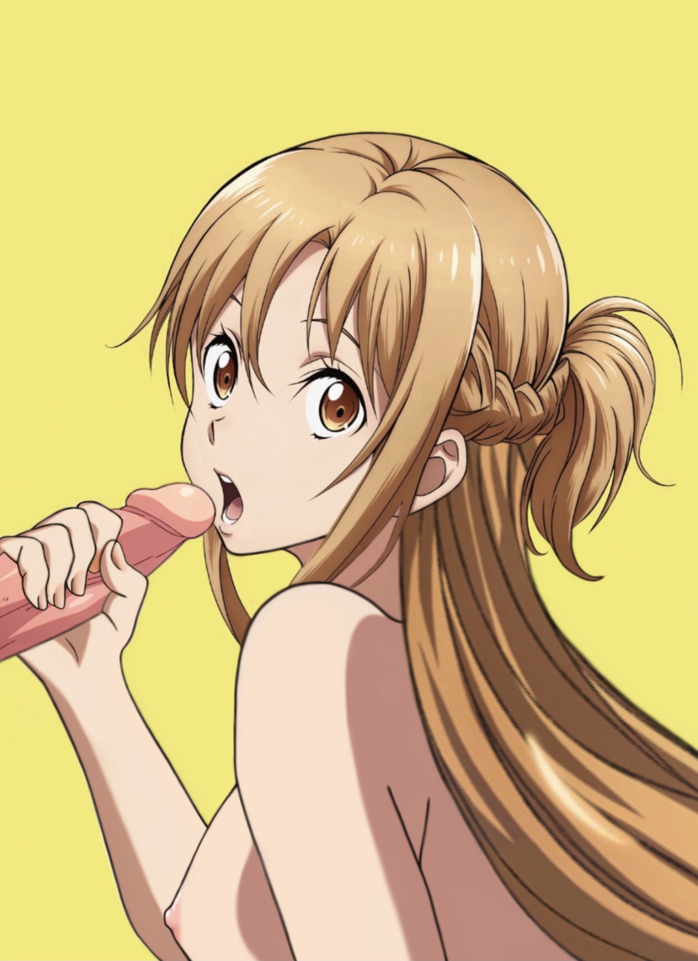 1boy, 1girls, edit, female, handjob, male, nipples, sword art online, yuuki asuna