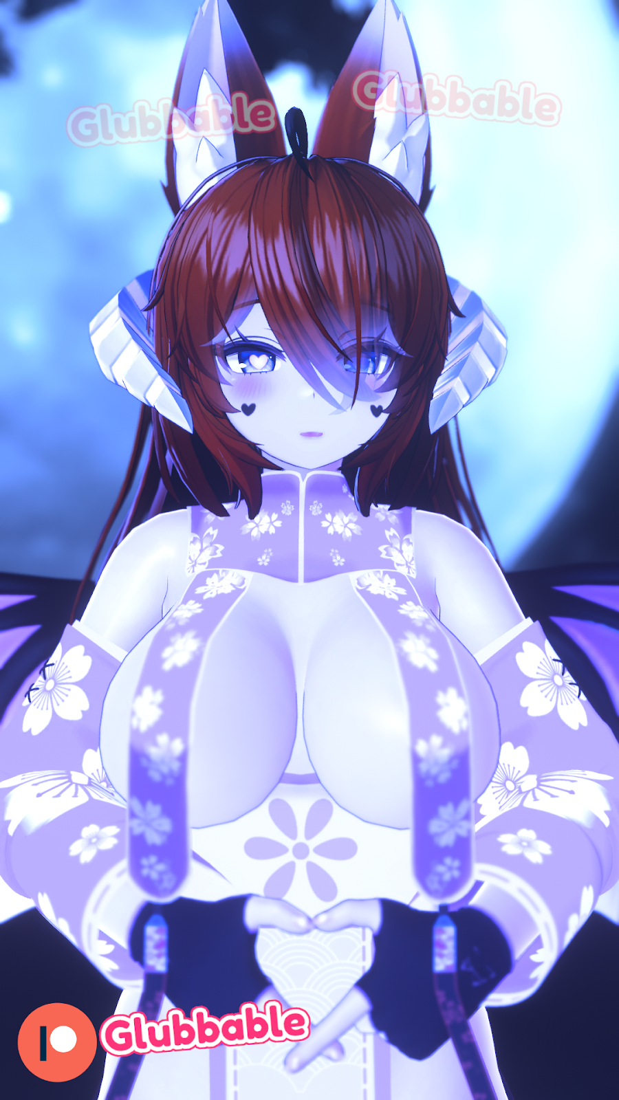 1girls 3d ahoge barely_clothed barely_contained big_breasts fox_ears glasses glubbable heart-shaped_pupils horns kimono large_breasts light_skin looking_at_viewer moon patreon solo solo_female solo_focus succubus virtual_youtuber vrchat vrchat_avatar wings