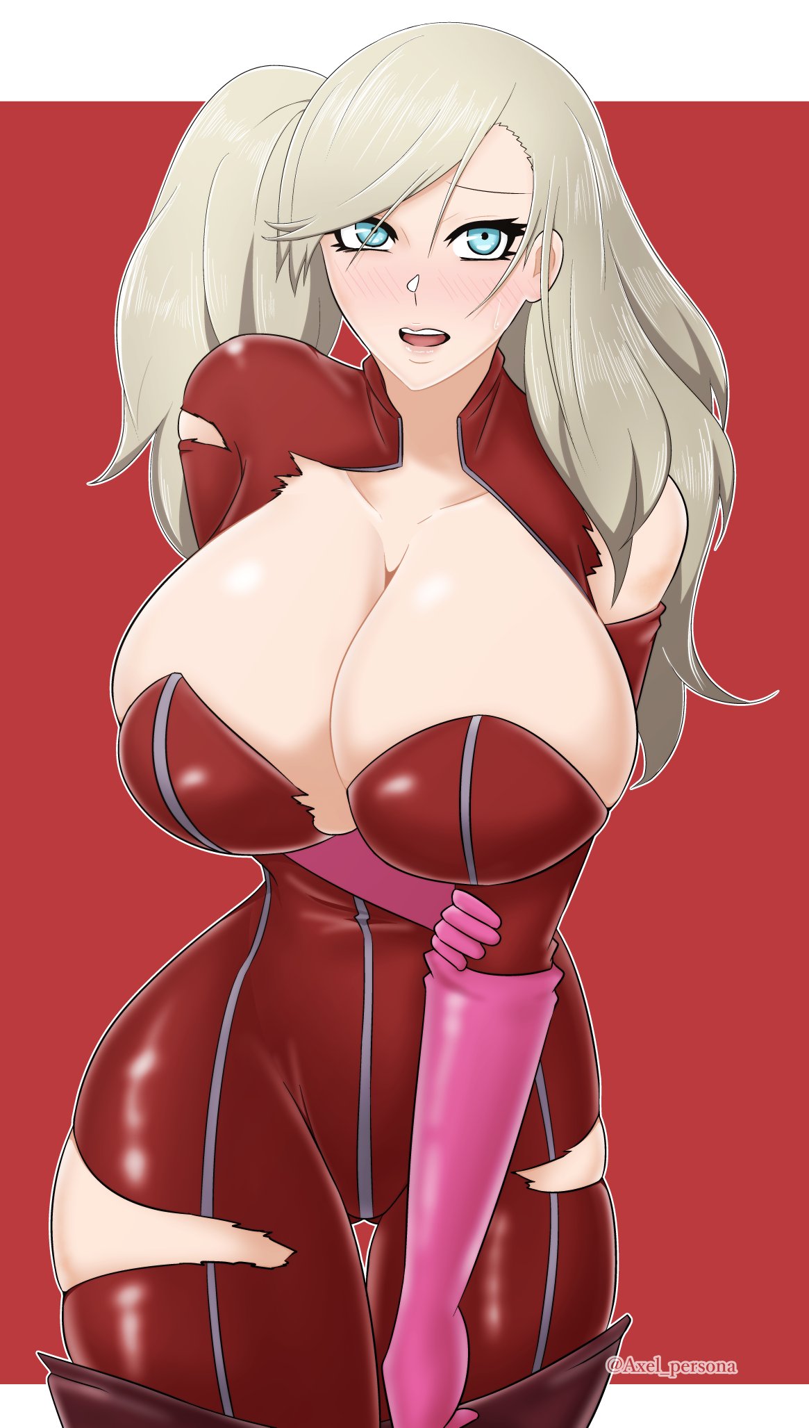 ann takamaki, atlus, axel persona, big breasts, blonde hair, blue eyes, bodysuit, breasts, female, persona, persona 5, phantom thief suit, ripped clothing