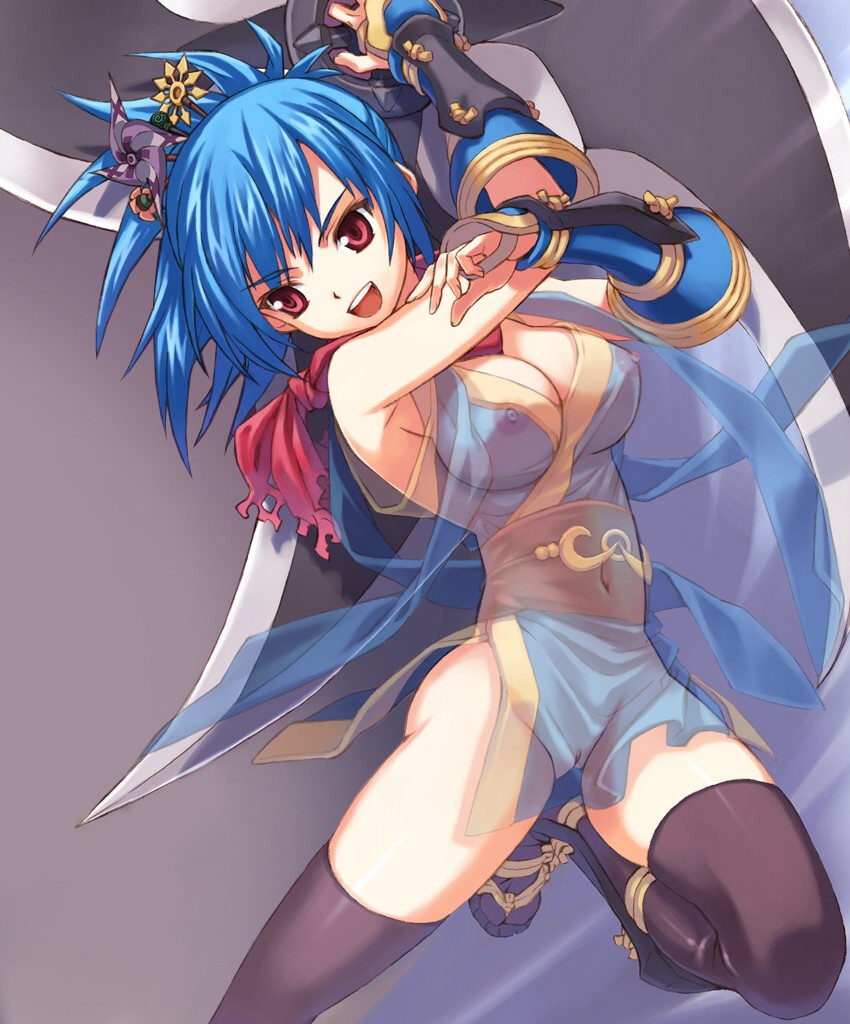 blue_hair breasts cleavage kunoichi ninja ninja_(ragnarok_online) nipples ragnarok_online red_eyes see-through sword thighhighs weapon