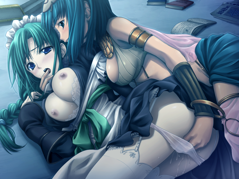 2girls blue_eyes blue_hair blush breasts cleavage eien_no_aselia female fingering game_cg green_hair hand_in_another&#039;s_panties hand_in_panties maid multiple_girls nipples open_clothes open_shirt panties panty_pull pussy_juice shirt skirt skirt_lift thighhighs underwear yuri