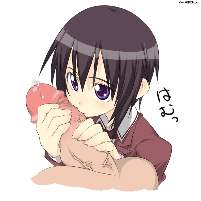 1girls bamboo_blade big_penis black_hair cum fellatio female huge_cock japanese_text kawazoe_tamaki oral oral_sex penis purple_eyes simple_background veins white_background