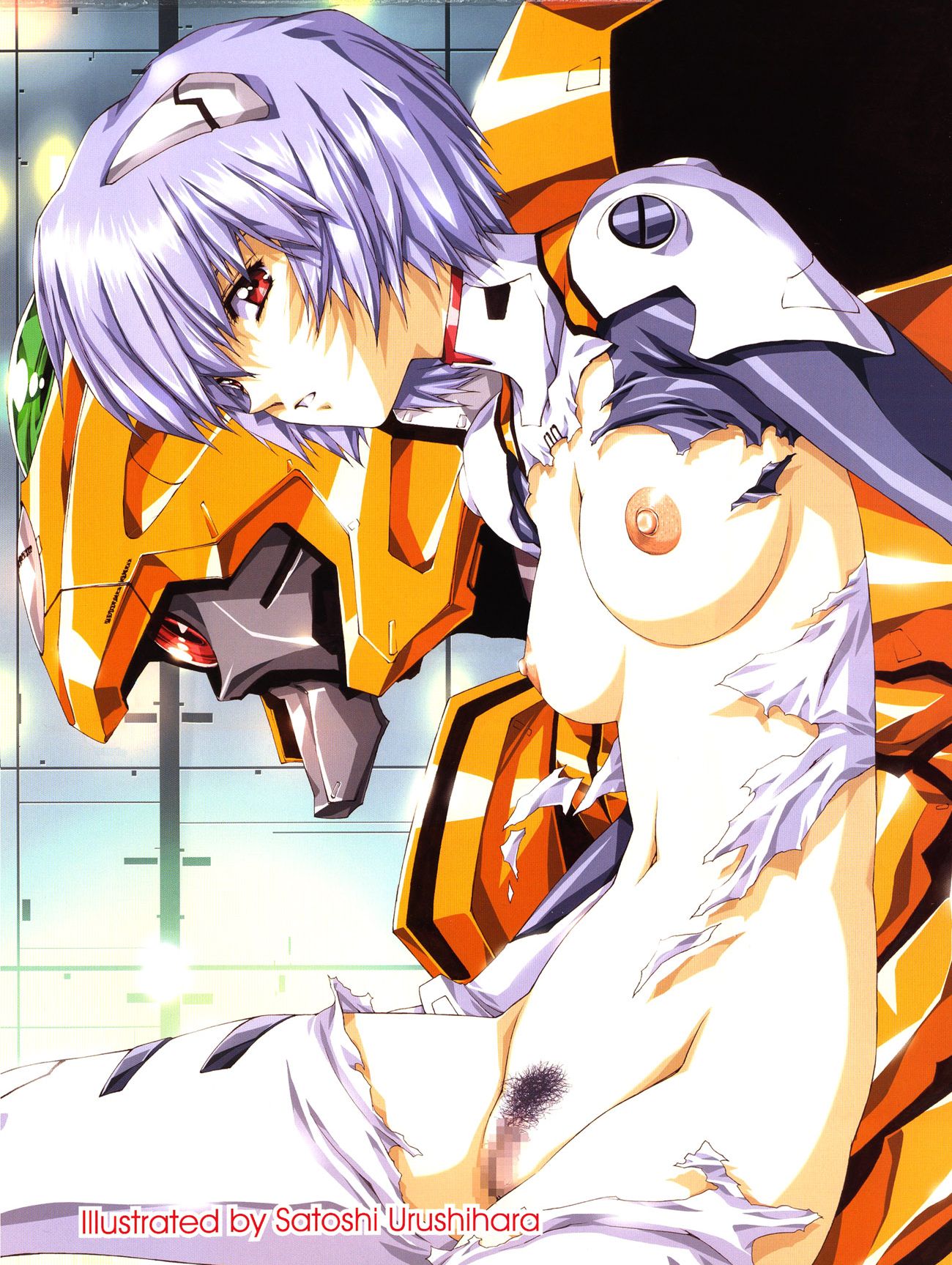 1girls areolae blue_hair bodysuit breasts censored clitoris clothes clothing eva_00 female gainax glands_of_montgomery highres human interface_headset medium_breasts navel neon_genesis_evangelion nipples nostalgic_heroines pale-skinned_female pale_skin pilot_suit plugsuit pointless_censoring pubic_hair purple_hair pussy red_eyes rei_ayanami short_hair torn_clothes urushihara_satoshi