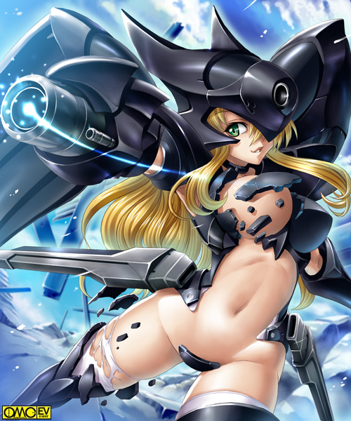 1girls arm_cannon blonde_hair breasts buster curvy damaged female female_only green_eyes kagami large_breasts light_trail lost_clothes mecha_musume midriff omc pointy_chin thighhighs torn_clothes weapon