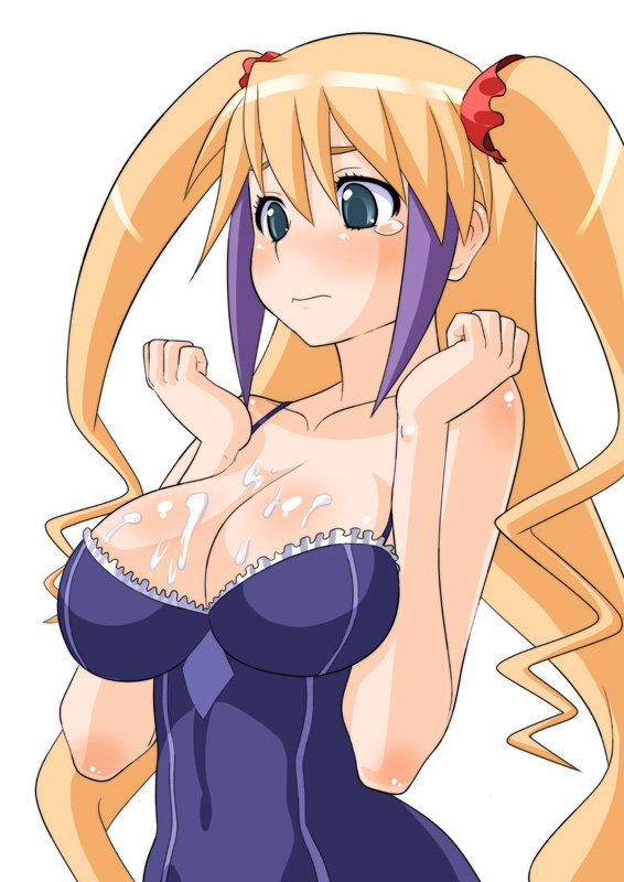 blonde_hair breasts cleavage cum cum_on_body cum_on_breasts cum_on_upper_body dragonaut green_eyes huge_breasts jacqueline_baumario_grantold long_hair norakuro_nero ribbon ribbons tears tied_hair twintails