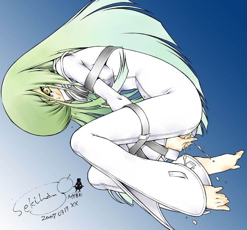 barefoot bellbottoms c.c. code_geass feet green_hair long_hair masturbation pussy_juice sekihan solo yellow_eyes