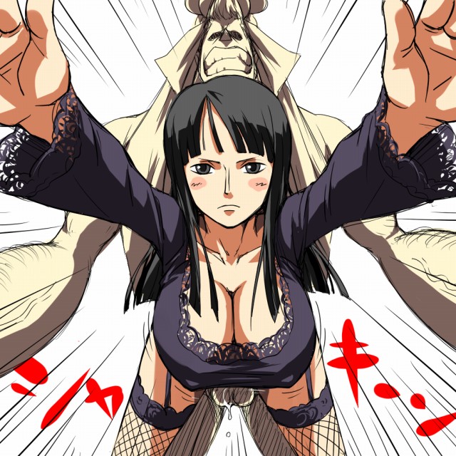 1boy 1girls blush cleavage cute doggy_style female female_focus franky funny hanging_breasts huge_breasts male mosha nico_robin one_piece penis pre-timeskip sex straight straight_hair testicles thriller_bark uncensored