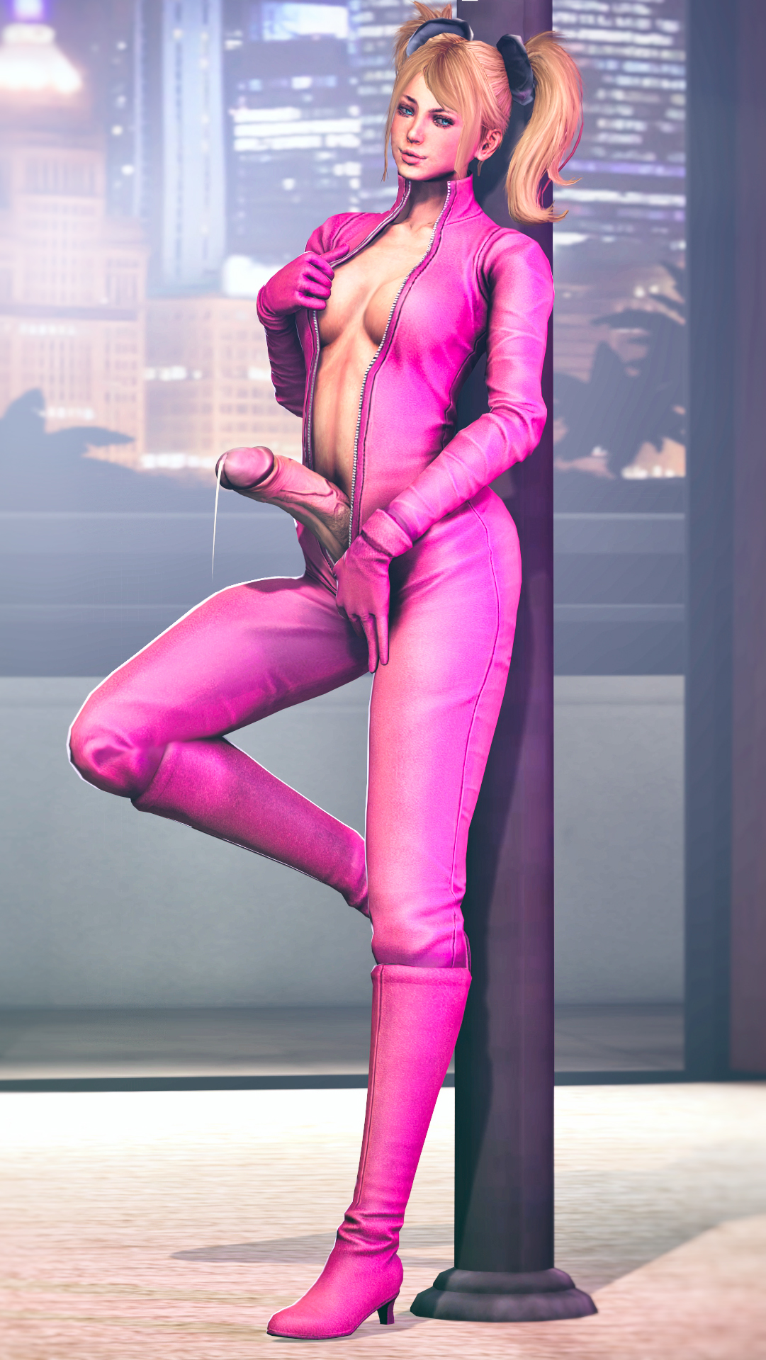 1futa, 3d, 3d (artwork), blonde hair, blue eyes, bodysuit, breasts, cleavage, demisak, futa only, futa sans balls, futanari, hair accessory, half-erect, huge penis, human, intersex, juliet starling, lollipop chainsaw, long sleeves, looking to the side, medium breasts, navel, penis, penis out, pink bodysuit, pole, precum, precum drip, solo, solo futa, source filmmaker, standing, twintails