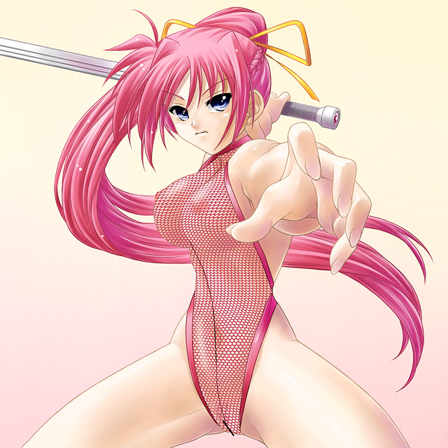 ayato blue_eyes breasts female female_only fishnets levantine long_hair lyrical_nanoha mahou_shoujo_lyrical_nanoha mahou_shoujo_lyrical_nanoha_strikers pink_hair ponytail see-through signum swimsuit sword tied_hair weapon