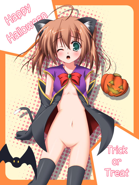 1girls ahoge animal_ears blush bottomless breasts brown_hair cat_ears cat_tail english female green_eyes halloween huge_eyes no_bra no_pussy original pointy_chin pumpkin solo tail thighhighs underboob yoshiharu