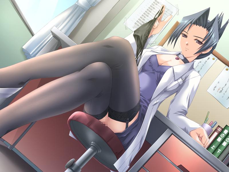 ashikoki_wakaokusama black_hair black_panties breasts censored choker cleavage clothing crossed_legs desk dress dutch_angle from_below game_cg garter_belt jpeg_artifacts kaoru_(ashikoki_wakaokusama) labcoat legs legs_crossed lingerie no_panties panties purple_eyes pussy short_hair sitting smile stockings thighhighs underwear upskirt zatou