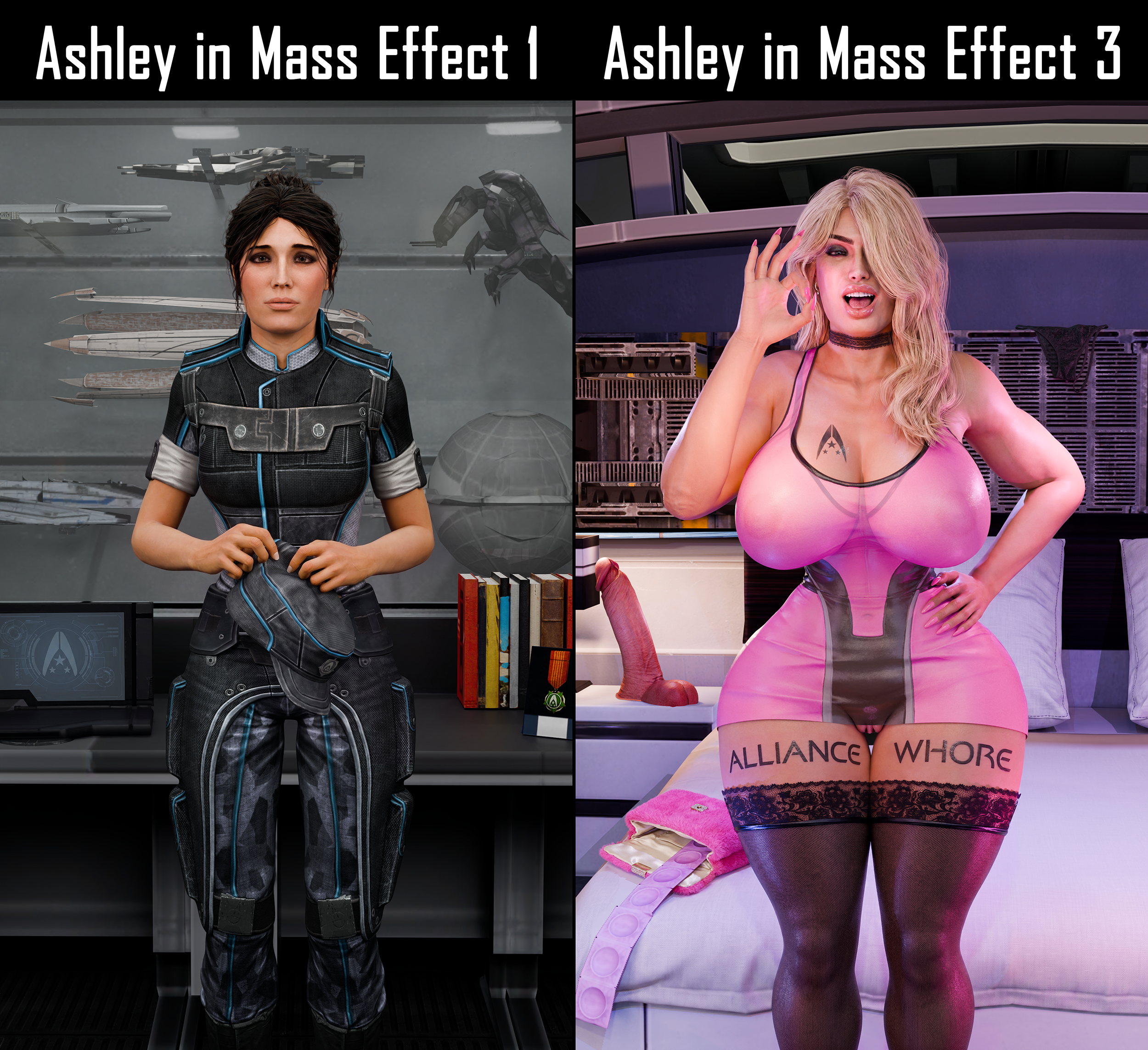 1female, 1girl, 1girls, 3d, ashley williams, barely clothed, barely visible genitalia, barely visible pussy, before and after, big dildo, big rig art, bimbo, bimbo body, bimbo lips, bimbofication, bimbofied, bioware, blonde hair, bra visible through clothes, branded, branding mark, choker, condom, corrupted, corruption, dildo, dress, dress lift, exposed pussy, fake breasts, fake lips, female, female focus, female only, huge ass, huge breasts, huge butt, huge dildo, huge thighs, humiliating tattoo, humiliation, indoors, long nails, mass effect, mass effect 2, mass effect 3, massive ass, massive breasts, massive thighs, massive tits, military uniform, miniskirt, nails, offering, offering sex, ok sign, panties, pink dress, pink nails, plastic surgery, pussy, pussy peek, see-through, see-through clothes, see-through clothing, see-through dress, shy, shy expression, slutty female, soldier, solo, stockings, stockings thigh highs, tattoo, tattoos, transformation, transformation sequence, video game character, video games, whore