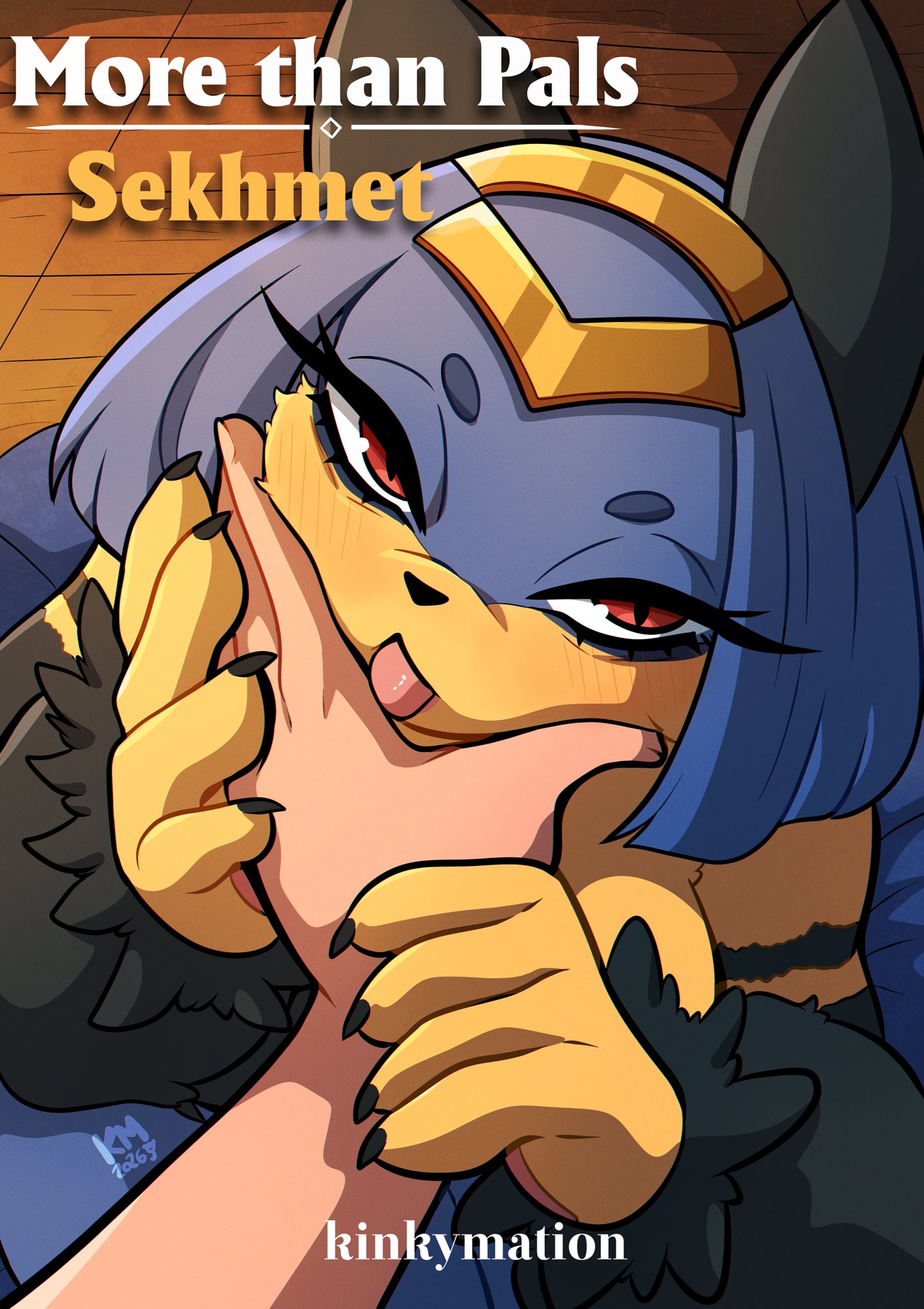1girls, anthro, anthrofied, comic cover, female, hi res, high-angle view, kinkymation, licking, looking at viewer, pal (species), palworld, pocketpair, sekhmet (pal), tongue, tongue out