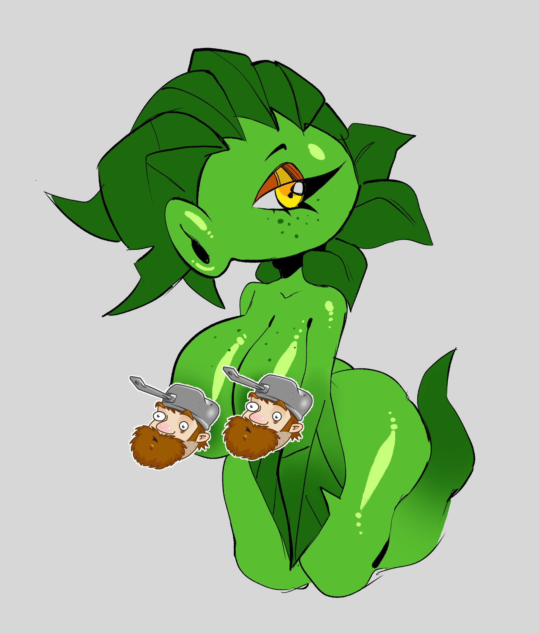00ketsui, 1girl, abs, anthro, anthro character, breasts, censored, censored nipples, crazy dave (pvz), electronic arts, female, flora fauna, one eye obstructed, peablaze (leafpaw), peashooter (pvz), plant girl, plant humanoid, plantie, plants vs zombies, popcap, popcap games, pvz, video game, video game character