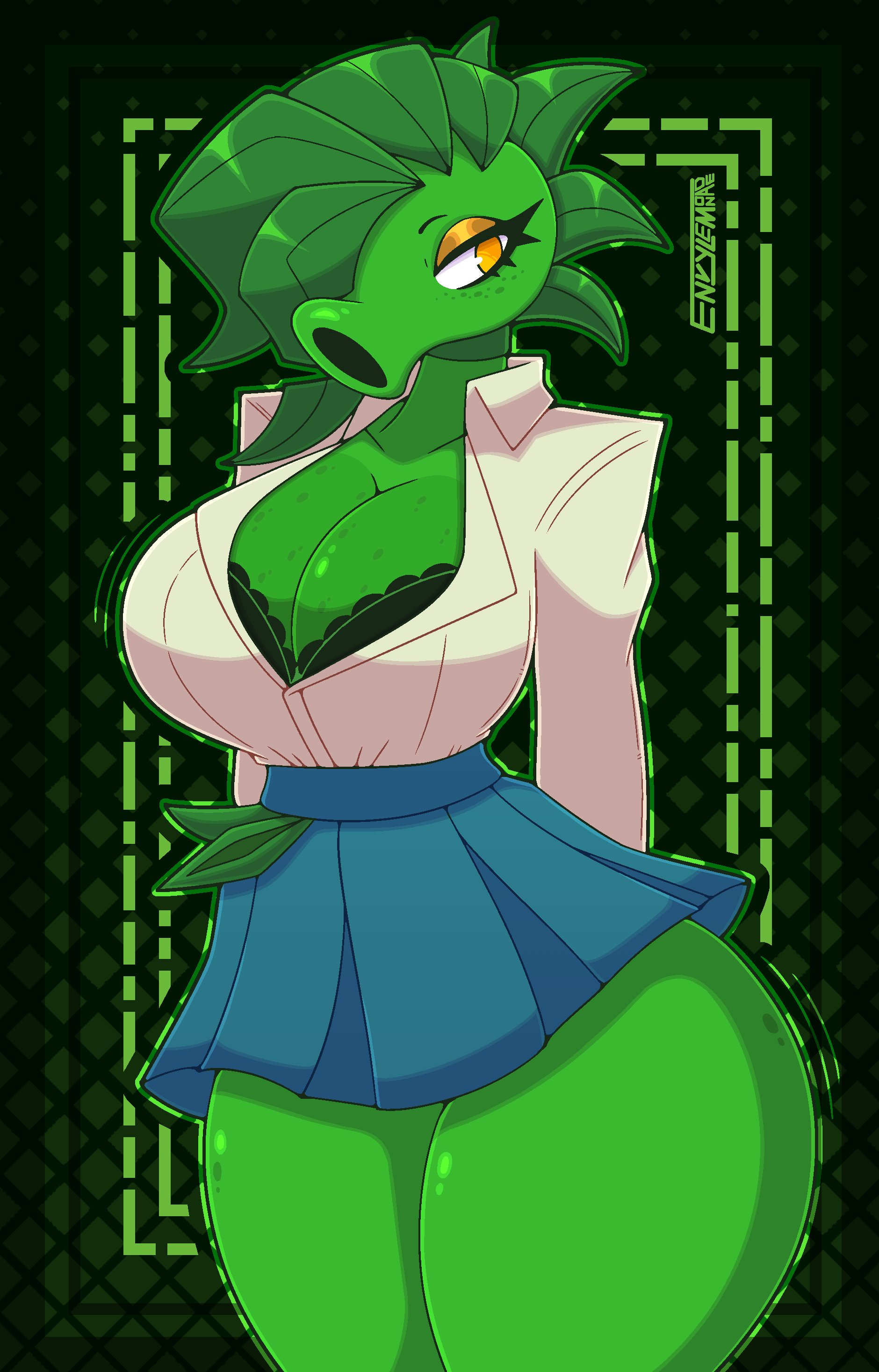 anthro, anthro character, breasts, electronic arts, envylemonade, female, flora fauna, one eye obstructed, original character, peablaze (leafpaw), peashooter (pvz), plant girl, plant humanoid, plantie, plants vs zombies, popcap, popcap games, pussy, pvz, video game, video game character