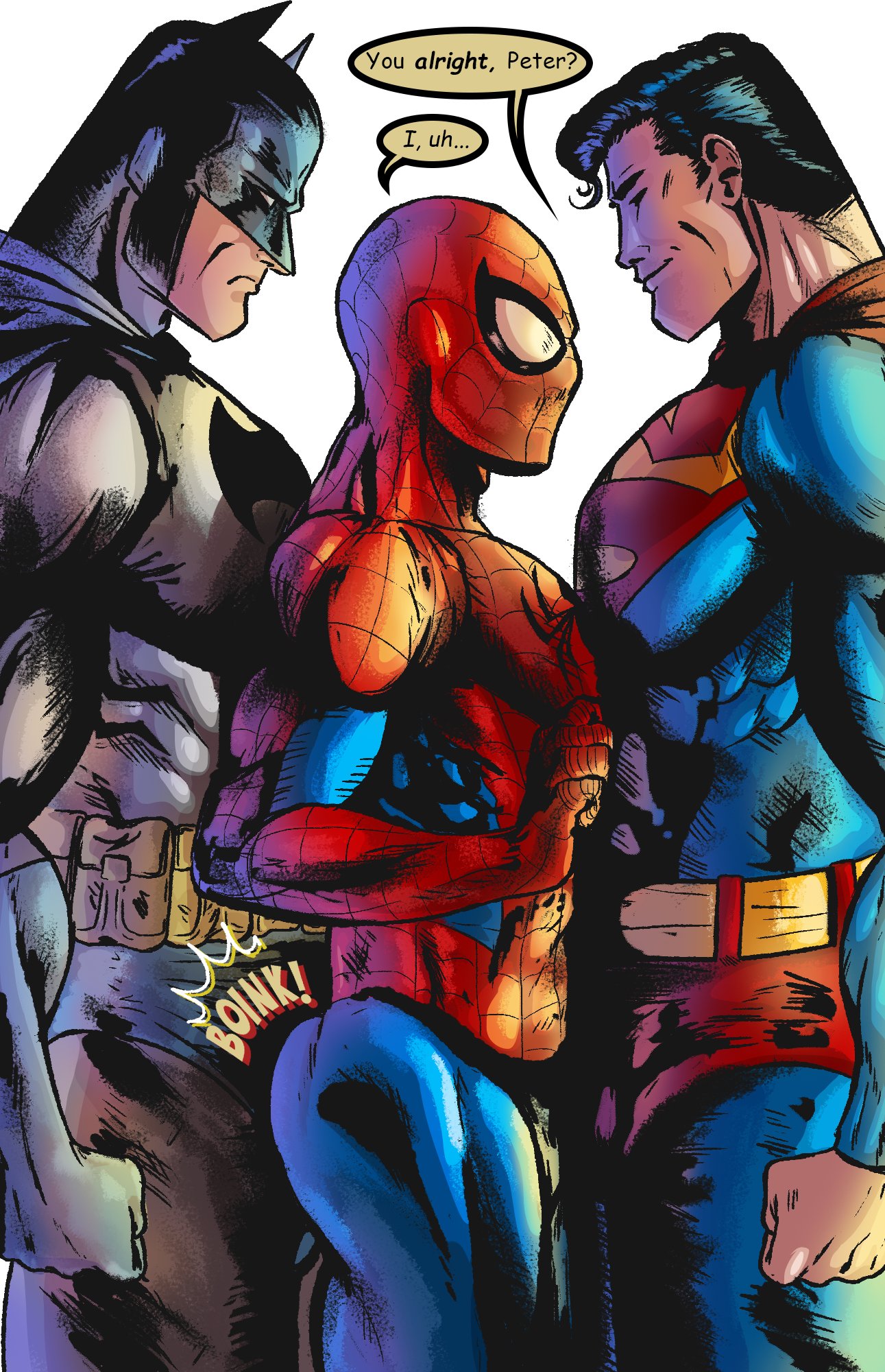 2d, 2d (artwork), 2d artwork, 3boys, accurate art style, alien, alien humanoid, alien look like human, alien/human, ass, ass focus, avengers, batman, batman (bruce wayne), batman (series), big ass, big ass (male), big butt, big butt (male), bigger dom, bigger male, bruce wayne, clark kent, comic artstyle, crossover, dc, dc comics, dc vs. marvel, dilf, gay, gay male, height difference, high resolution, highres, homoerotic, homosexual, homosexual male, justice league, kal-el, kryptonian, male, male only, male/male/male, marvel, marvel comics, masculine, masculine gay, masculine male, mask, masked, masked male, muscular, muscular arms, muscular ass, muscular body, muscular legs, muscular male, muscular thighs, no sex, pecs, pecs pressed together, pectoral press, pectorals, penis, penis in ass, penis pressed against ass, peter parker, pressed against, pressed against butt, pressed together, pwudgy983, rubbing ass, rubbing ass on penis, sandwich position, sandwiched, smiling, smiling at partner, spider-man, spider-man (series), superhero, superhero costume, superman, superman (clark kent), superman (series), three on one, threesome, voluptuous, voluptuous body, voluptuous male