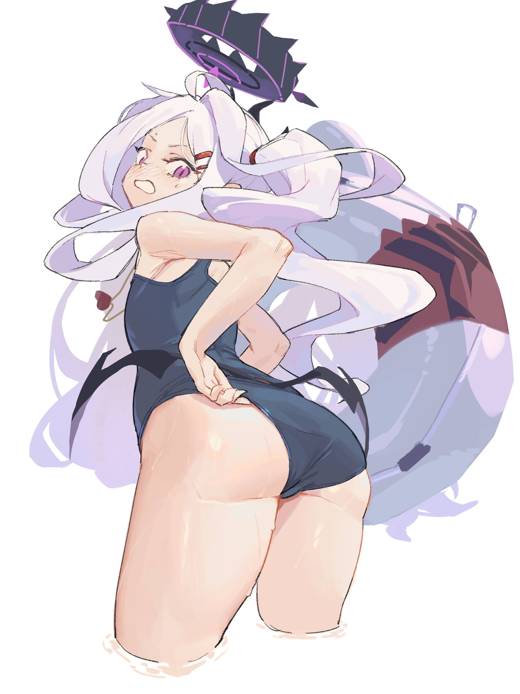 angry, blue archive, blush, clenched teeth, cowboy shot, flat chest, frustrated, hina (blue archive), hina (swimsuit) (blue archive), huge ass, simple background, sukumizu, thick thighs, undersized clothes, white background, wide hips