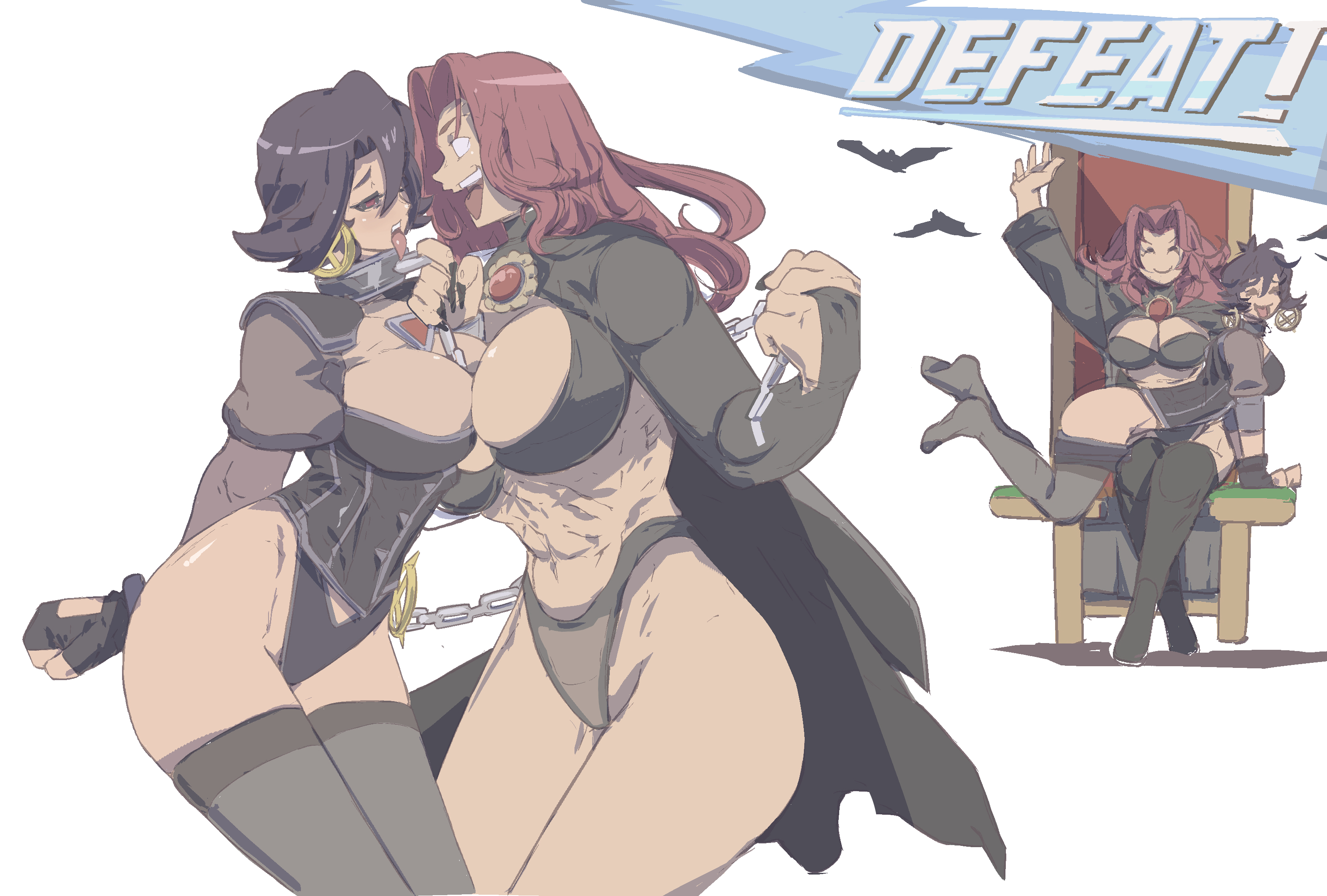 2d, 2girls, 7 passes, abs, bare ass, bare thighs, bats, big ass, big breasts, blush, blushing, blushing female, breast press, bridal gauntlets, busty, busty female, cape, chain leash, chains, cleavage, defeated, dominant female, earrings, fingerless gloves, fists clenched, hi res, high quality, high resolution, highleg thong, highres, jubilation lee, jubilee, jubilee (marvel rivals), large breasts, long hair, madelyne pryor, marvel, marvel rivals, multiple girls, neck chain, pantyhose, short hair, simple background, spanking, spanking ass, submissive female, tongue out, vampire jubilee, white eyes, wide hips, wide thighs, x-men
