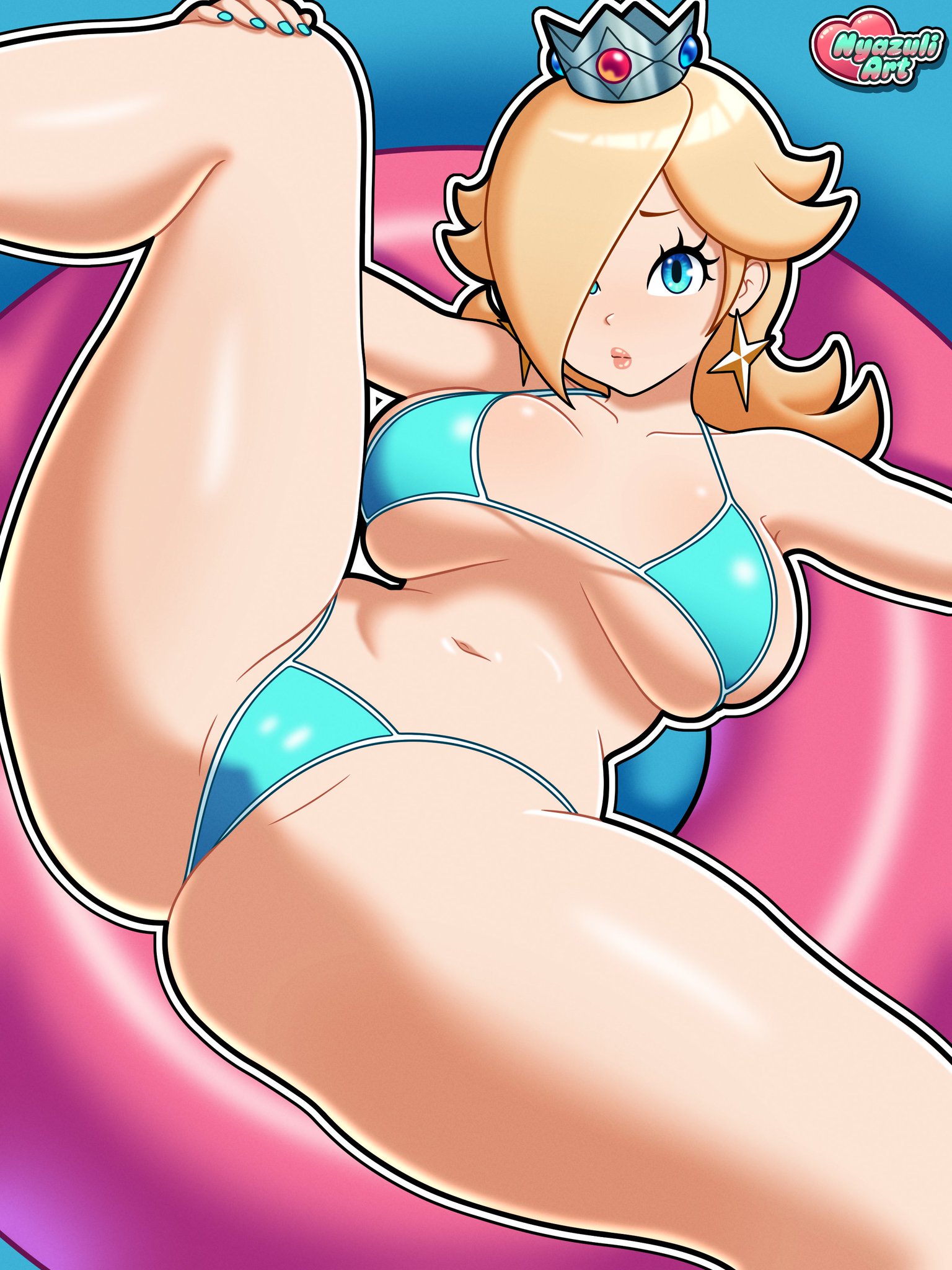 belly, belly button, bikini, blonde hair, blue eyes, blue swimsuit, breasts, cameltoe, crown, earrings, embarrassed, hips, hips wider than shoulders, inner sideboob, innertube, large breasts, leg up, legs, looking at viewer, mario (series), navel, nyazuliart, posing, posing for the viewer, presenting, presenting pussy, princess rosalina, sagging breasts, sideboob, small bikini, swimsuit, thick thighs, thighs, thighs bigger than head, tight bikini, tight clothing, tight swimsuit, tummy, underboob, water, wide hips