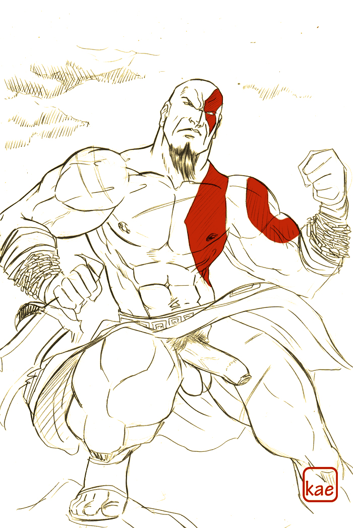 1boy bara facial_hair front_view god_of_war huge_muscles human kaeworld kratos male male_only monochrome muscle penis solo tagme testicles