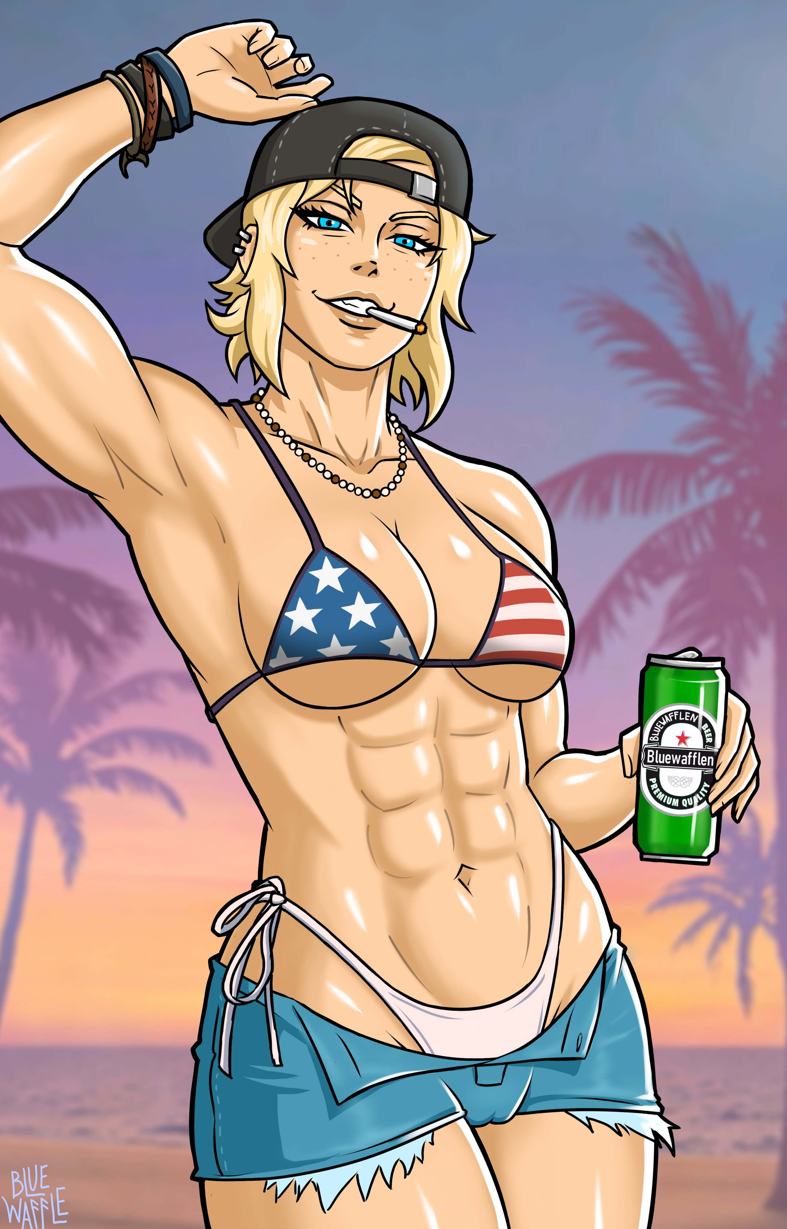 1girls, 2020s, 2026, abs, absurd res, adult, adult female, adult girl, american flag bikini, armpit, armpit fetish, armpits, artist name, backwards baseball cap, backwards cap, beach, beach background, beautiful woman, beer, beer can, big breasts, bikini, black headwear, blonde hair, blue bottomwear, blue eyes, blue waffle, breasts, brown-tinted eyewear, cameltoe, cap, cigarette, cigarette in mouth, curvy, denim shorts, dominant, dominant female, female, female focus, female only, freckles, freckles on face, grand theft auto, grand theft auto vi, gta online female character, gta pedestrians, gta vi cover girl, happy, happy trail, hi res, jean shorts, light skin, light-skinned female, looking at viewer, mature woman, mud girl (gta vi), necklace, npc, pierced ears, piercing, piercings, pussy, redneck, redneck girl, rockstar games, short hair, shorts, signature, smile, solo, solo female, solo focus, strong tomboy (spectrum), teeth, thong, thong bikini, tomboy, tomboyish, video game franchise, voluptuous, watermark, wide hips, wristband