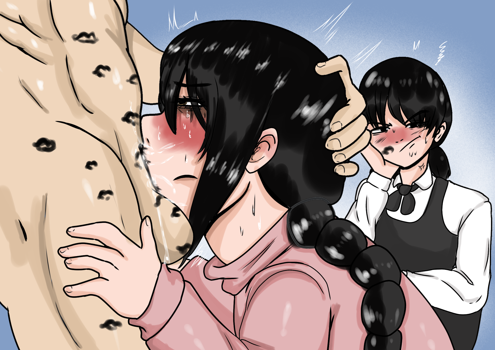 1boy, 2girls, balls, big breasts, black hair, blush, braided ponytail, breasts, chainsaw man, deepthroat, denji (chainsaw man), erection, fellatio, female, heart-shaped pupils, huge ass, lipstick, lipstick mark, lipstick on penis, male, mitaka asa, multiple girls, nayuta (chainsaw man), nude, nude female, penis, ramita, spank marks, spread legs, sucking penis, tan body, tears, testicles, uncensored, yellow eyes