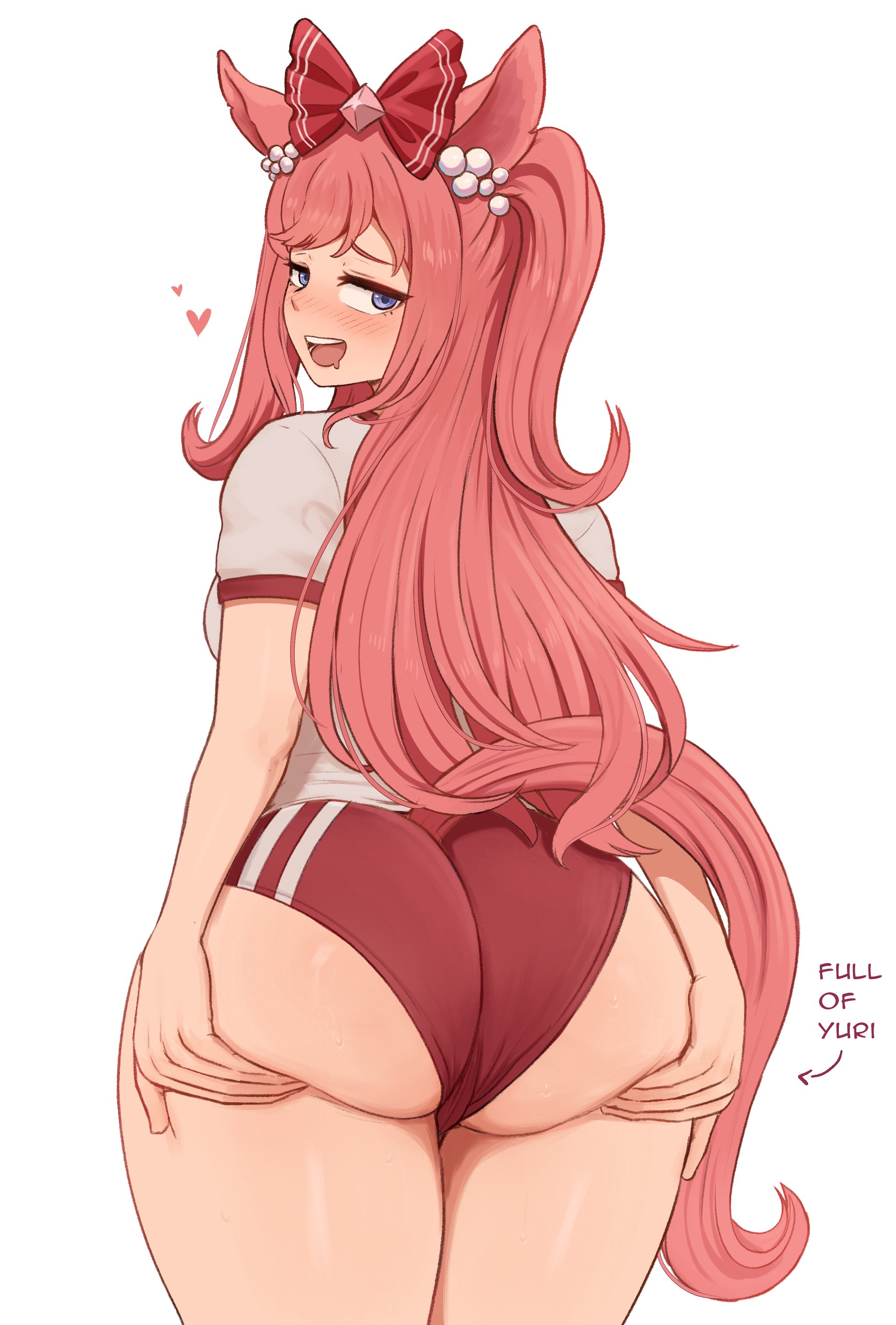 1girl, agnes digital (umamusume), ass focus, ass hanging out, ass hanging out of shorts, ass support, booty shorts, brikot, drooling, english text, from behind, horse ears, horse tail, huge ass, long hair, looking at viewer, mouth drool, open mouth, pekot, pink hair, red buruma, short shorts, shorts, solo, thick thighs, two side up, umamusume, umamusume pretty derby