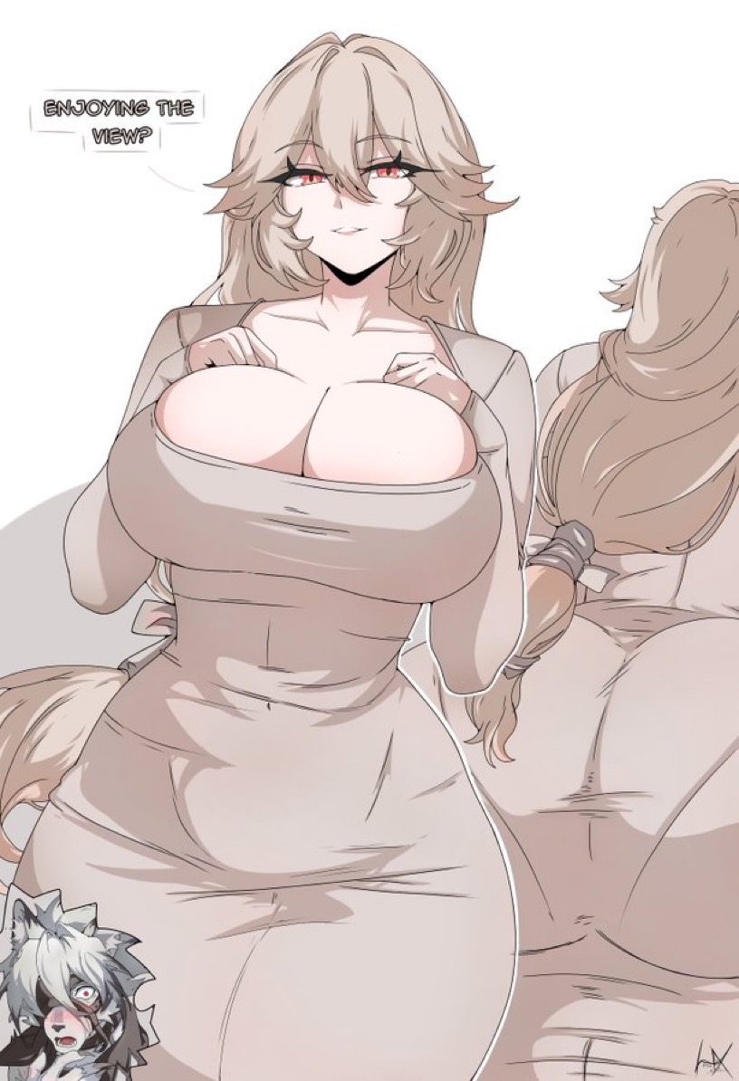 alexandrina sebastiane, ass, beige clothing, belly button, belly button visible through clothing, big ass, big breasts, brown hair, busty, busty female, curvy, curvy female, dongtan dress, dress, hair between eyes, laizent art, long hair, long ponytail, pantylines, ponytail, talking, talking to another, thick thighs, von lycaon, wide hips, wolf, zenless zone zero