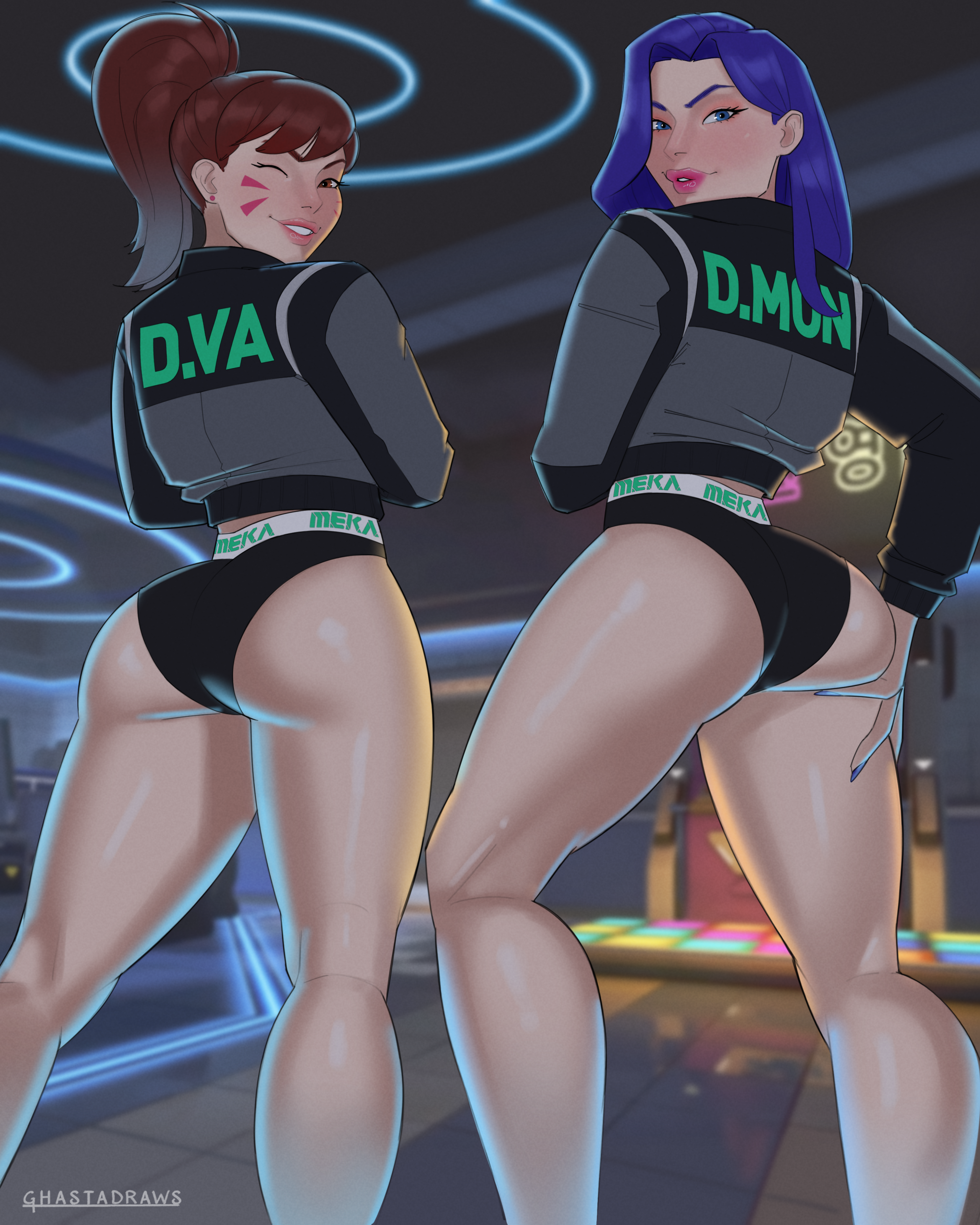 2d, 2girls, arcade, asian, ass, ass focus, butt focus, clothed, d.mon, d.va, female, female focus, female only, ghasta, hana song, happy, hi res, high resolution, leg focus, light skin, light-skinned female, looking at viewer, looking back, multiple girls, overwatch, panties, toned legs, yuna lee