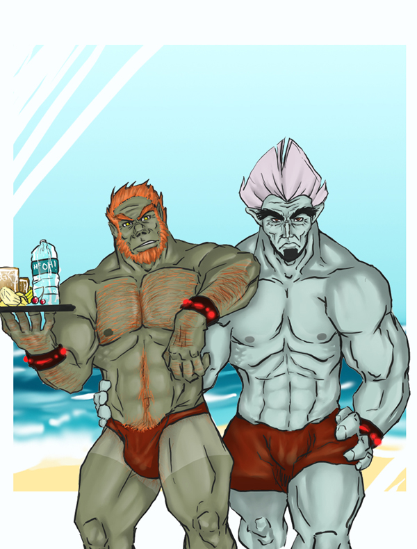 2boys 3:4 beach bulge clothed clothing crossover day flaccid front_view ganondorf huge_muscles male male_only muscular_male outdoors paheal public_topless standing straight_hair the_legend_of_zelda topless words_worth wortoshika