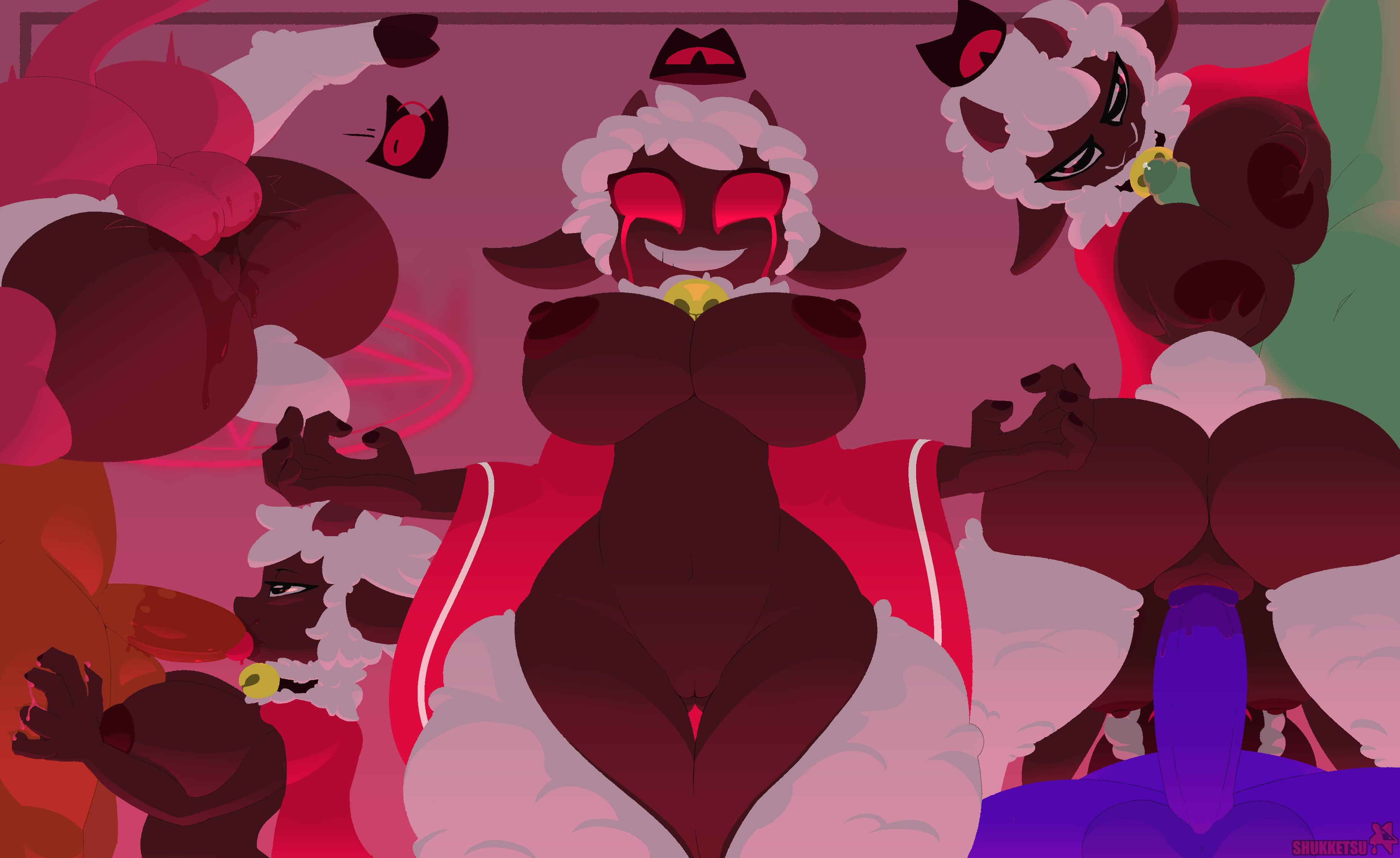 1girls, 2024, 2d, 4boys, anthro female, anthro male, anthro on anthro, areolae, balls, ballsack, big breasts, blowjob, breasts, cowgirl position, cult of the lamb, female, female on top, glowing eyes, hi res, hourglass figure, hourglass figured female, human, human male, lamb (cult of the lamb), male, mating press, nipples, nude, nude female, oral, paizuri, partial male, penis, penis between breasts, pussy, pussy juice, saliva, saliva on penis, sex, sheep, sheep girl, shukketsustar, straight, thick thighs, titjob, vaginal, vaginal sex