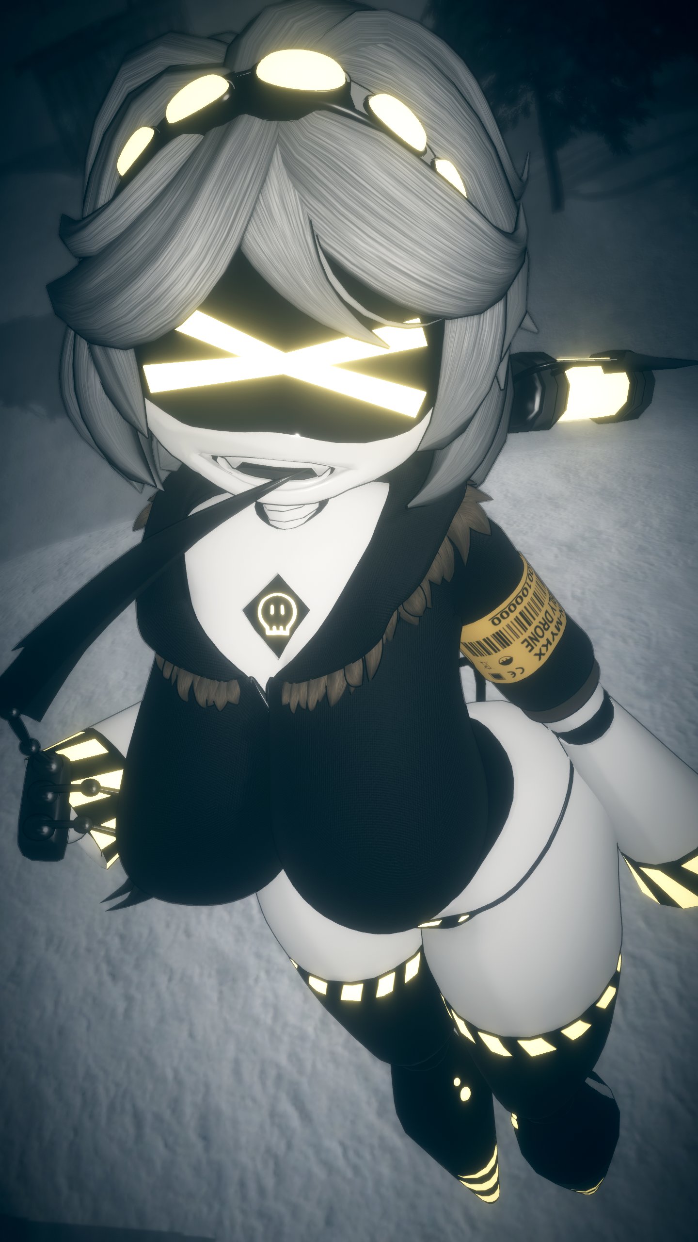 1girls, 3d model, artist request, ass, big ass, big breasts, big thighs, boobs, breasts, claws, cropped jacket, drone, female, female focus, female only, glitch productions, jacket, long hair, looking at viewer, murder drones, panties, robot, robot girl, screen face, short hair, silver hair, solo, thick thighs, thighs, tits, unity (engine), v (murder drones), vrchat, vrchat avatar, vrchat model, yellow eyes