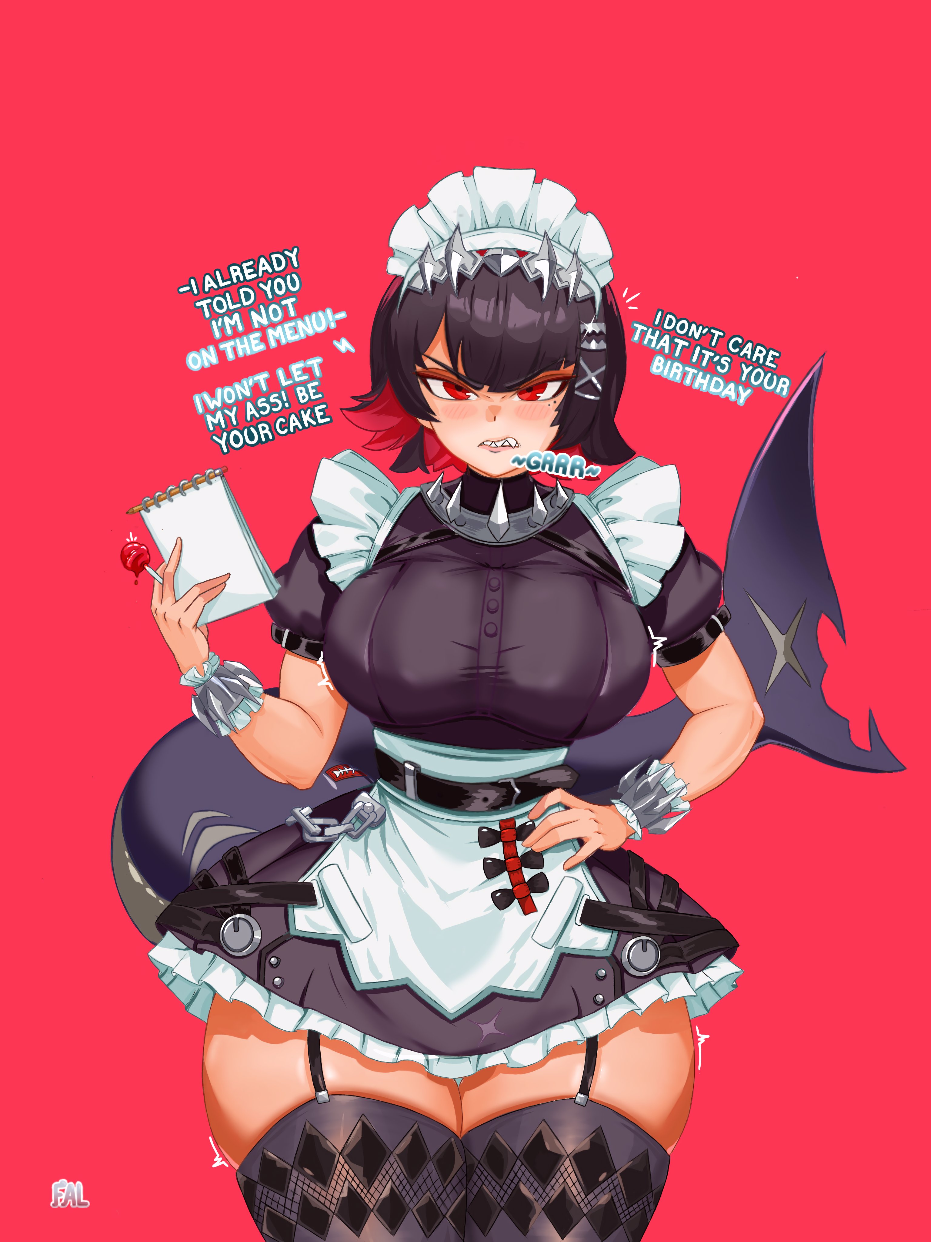 1girls, angry, angry at viewer, angry expression, angry face, apron, artist request, beauty mark, beauty mark under eye, belt, belted skirt, big breasts, big tail, big thighs, black clothes, black hair, blush, blushing, breasts, busty, busty female, button down shirt, child bearing hips, clothed, clothed female, collar, dialogue, ellen joe, english text, eyeshadow, female, female focus, frilled sleeves, garter straps, growling, hair between eyes, hairclip, hand on waist, harassment, hips, hoyoverse, large breasts, large thighs, light skin, light-skinned female, lips, lollipop, looking at viewer, maid, maid outfit, maid skirt, maid uniform, makeup, mole under eye, narrow waist, notepad, red eyes, red hair, response, shark girl, shark tail, sharp teeth, short hair, short skirt, short sleeves, skirt, solid color background, solo, solo focus, taking order, talking, talking to viewer, thick thighs, thigh squish, thighhighs, thighs, thiren, voluptuous, voluptuous female, waitress, wide hips, wristband, yelling, zenless zone zero, zettai ryouiki