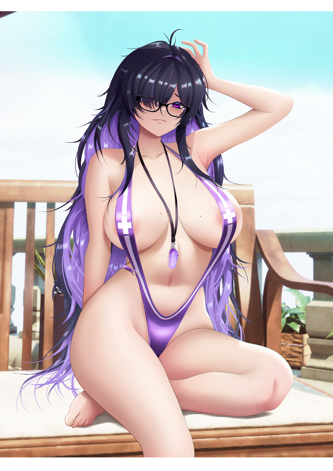 areola slip, belly, bikini, black hair, black-framed eyewear, blush, breasts, colored inner hair, curvy, female, glasses, goddess of victory: nikke, hair over one eye, highres, huge breasts, label (nikke), large areolae, large breasts, long hair, looking at viewer, micro bikini, mole, mole on breast, multicolored hair, ningyon, nipple slip, nipples, partially visible vulva, plump, purple eyes, purple hair, slingshot swimsuit, solo, sweat, swimsuit, thick thighs, thighs, two-tone hair, wedgie